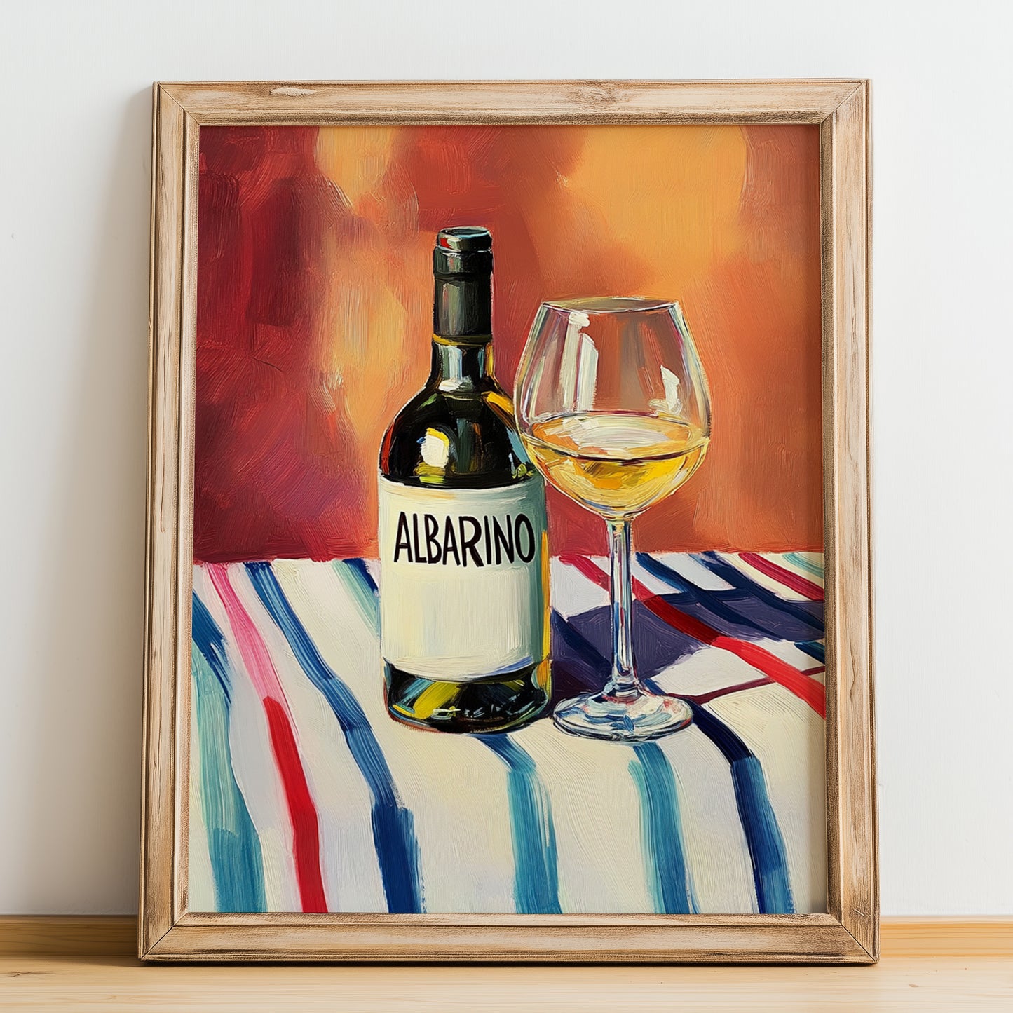 Albariño – on Striped Tablecloth, Spanish Wine Still Life, no-text version framed in wood