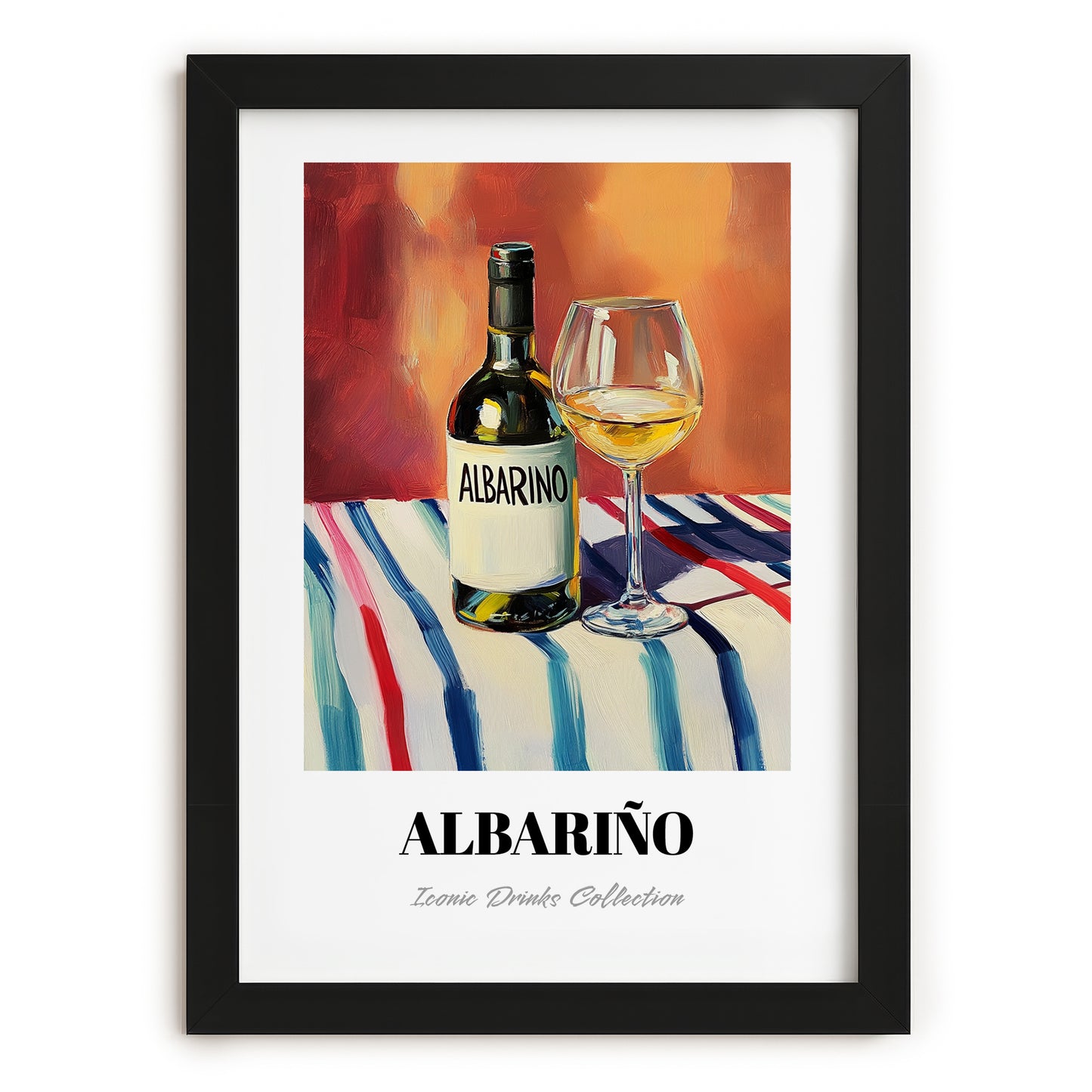 Albariño – on Striped Tablecloth, Spanish Wine Still Life, in sleek black frame