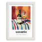 Albariño – on Striped Tablecloth, Spanish Wine Still Life, placed in minimal white frame