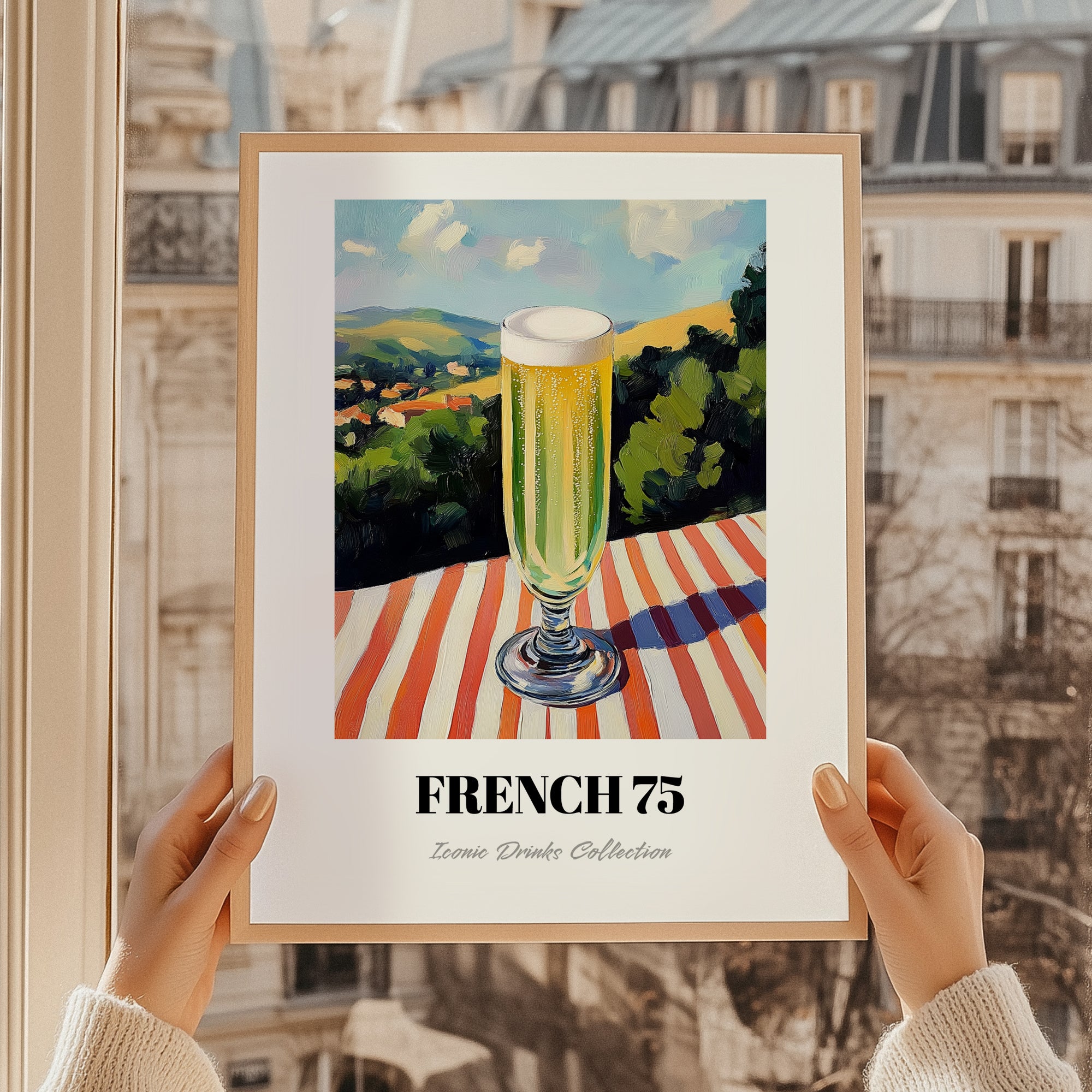French 75 – French Hilltop Table Scene, French Cocktail Wall Decor, styled in a charming Paris street view