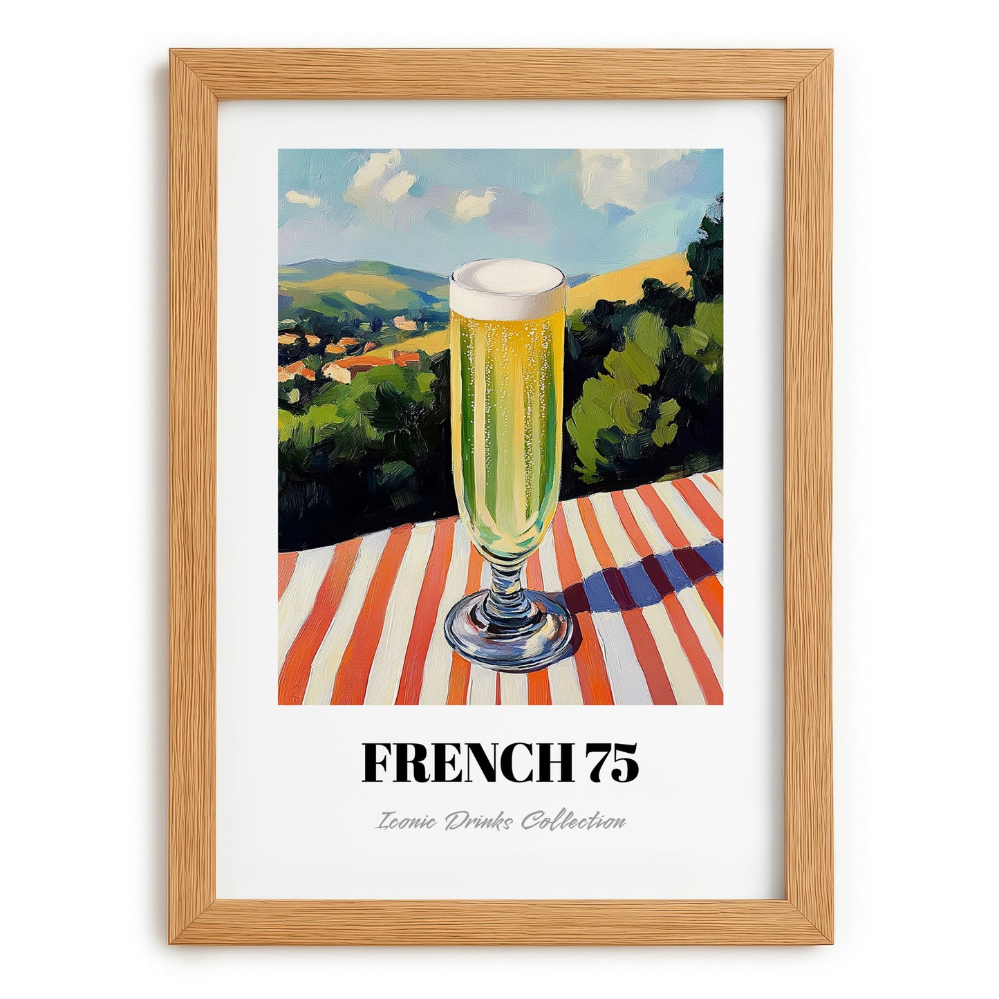 French 75 – French Hilltop Table Scene, French Cocktail Wall Decor, set in oak frame