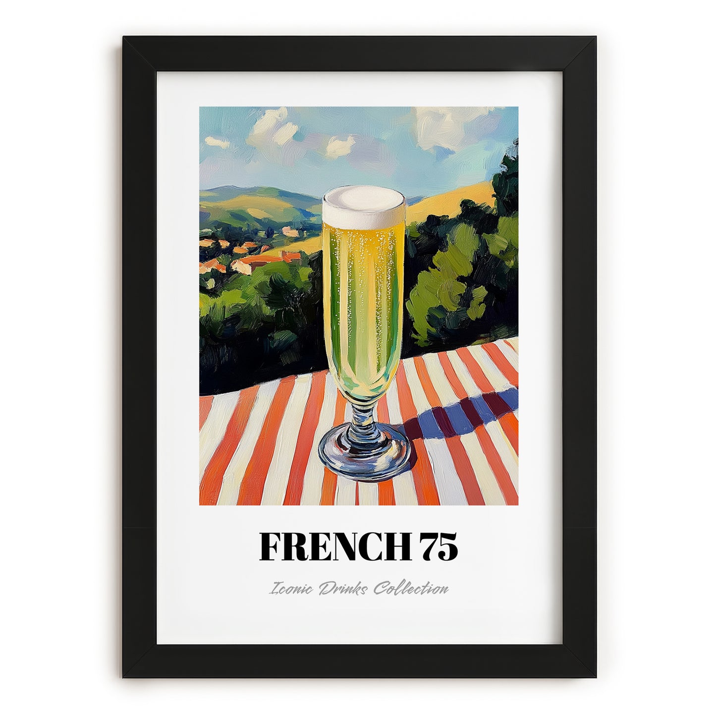 French 75 – French Hilltop Table Scene, French Cocktail Wall Decor, in sleek black frame