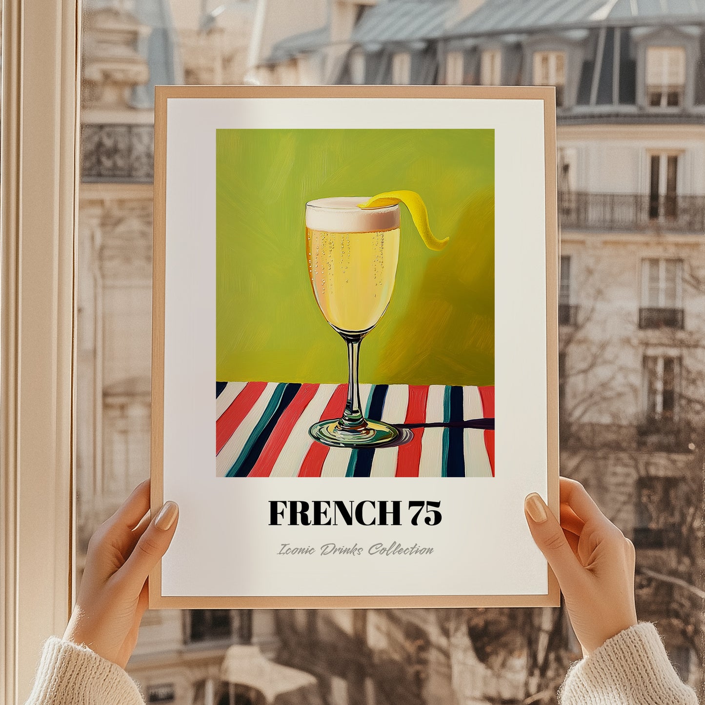 French 75 – on Striped Tablecloth, French Cocktail Still Life, styled in a charming Paris street view
