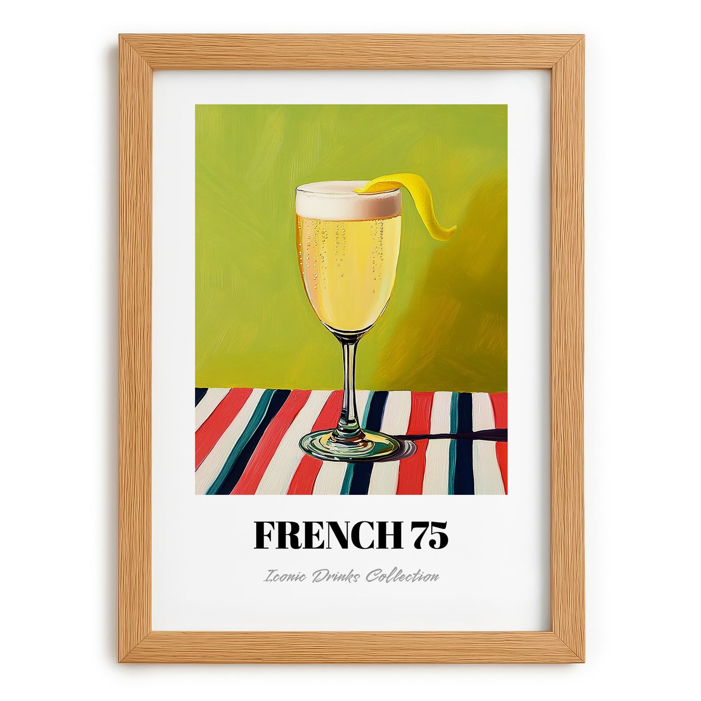 French 75 – on Striped Tablecloth, French Cocktail Still Life, set in oak frame