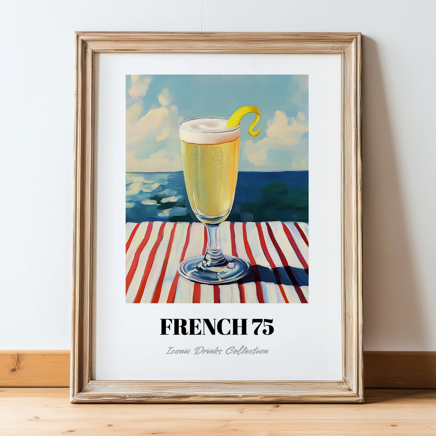 French 75 – French Seaside Scene, French Cocktail Wall Decor, in wooden frame leaning on the floor