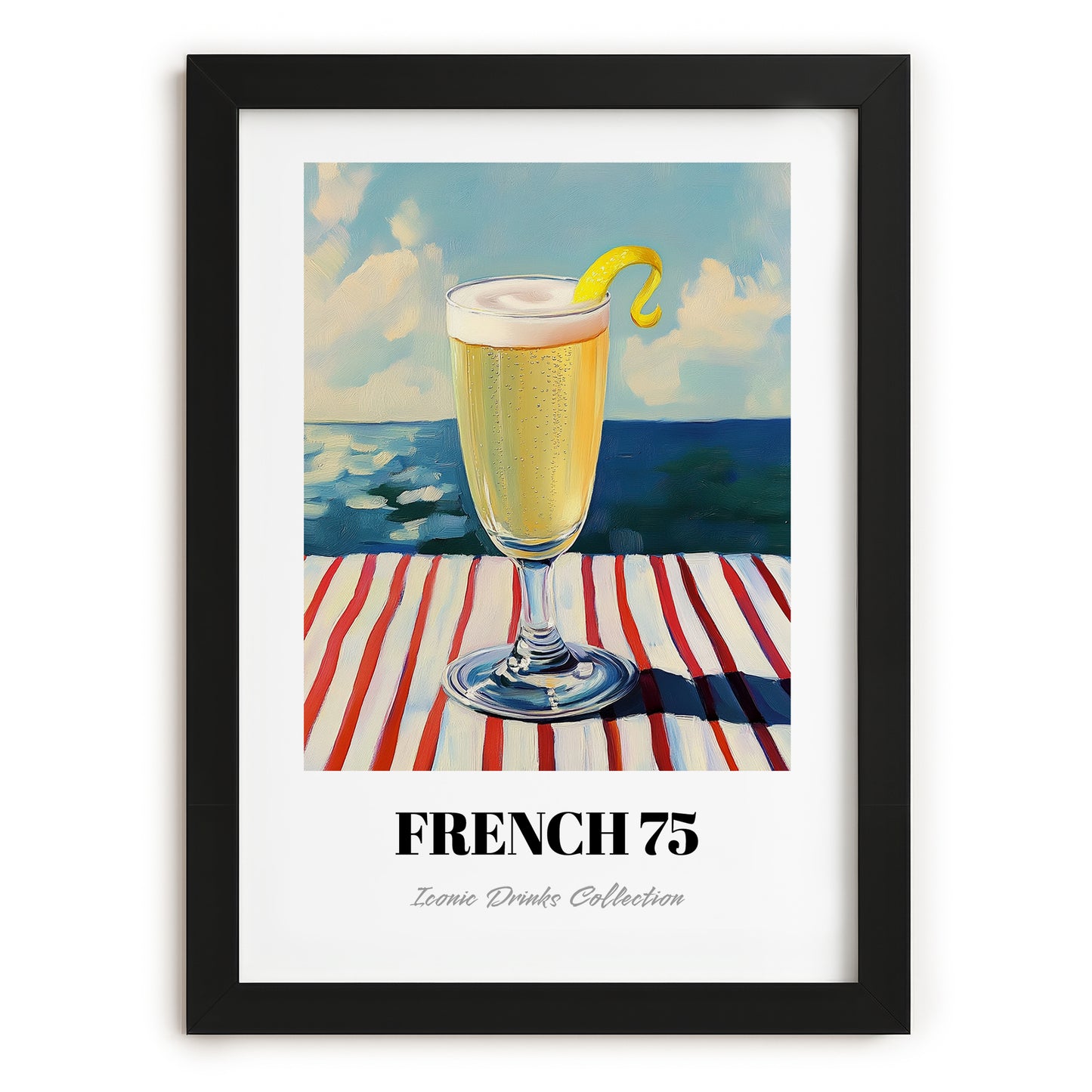French 75 – French Seaside Scene, French Cocktail Wall Decor, in sleek black frame