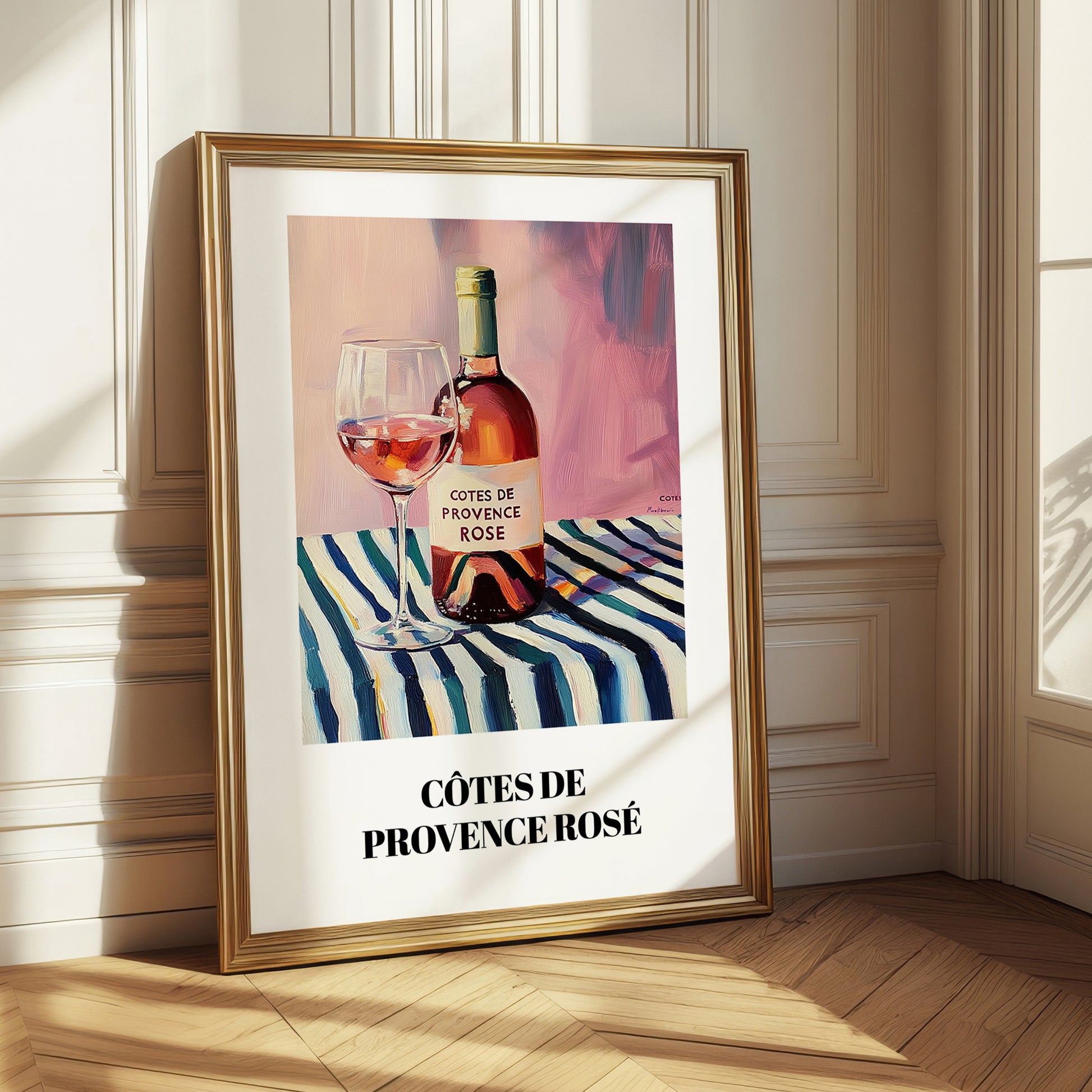 Côtes De Provence Rosé – on Striped Tablecloth, French Wine Still Life