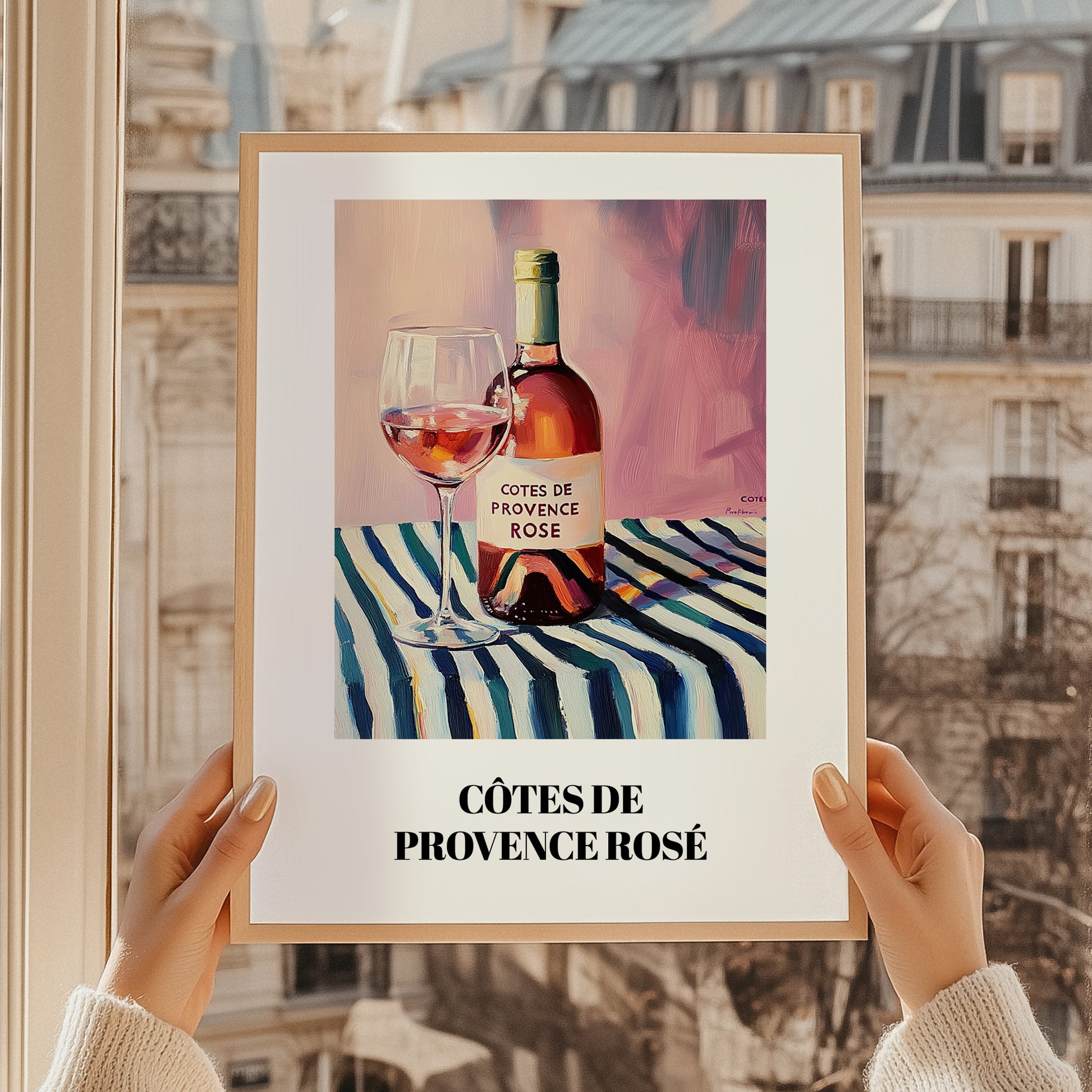Côtes De Provence Rosé – on Striped Tablecloth, French Wine Still Life, styled in a charming Paris street view