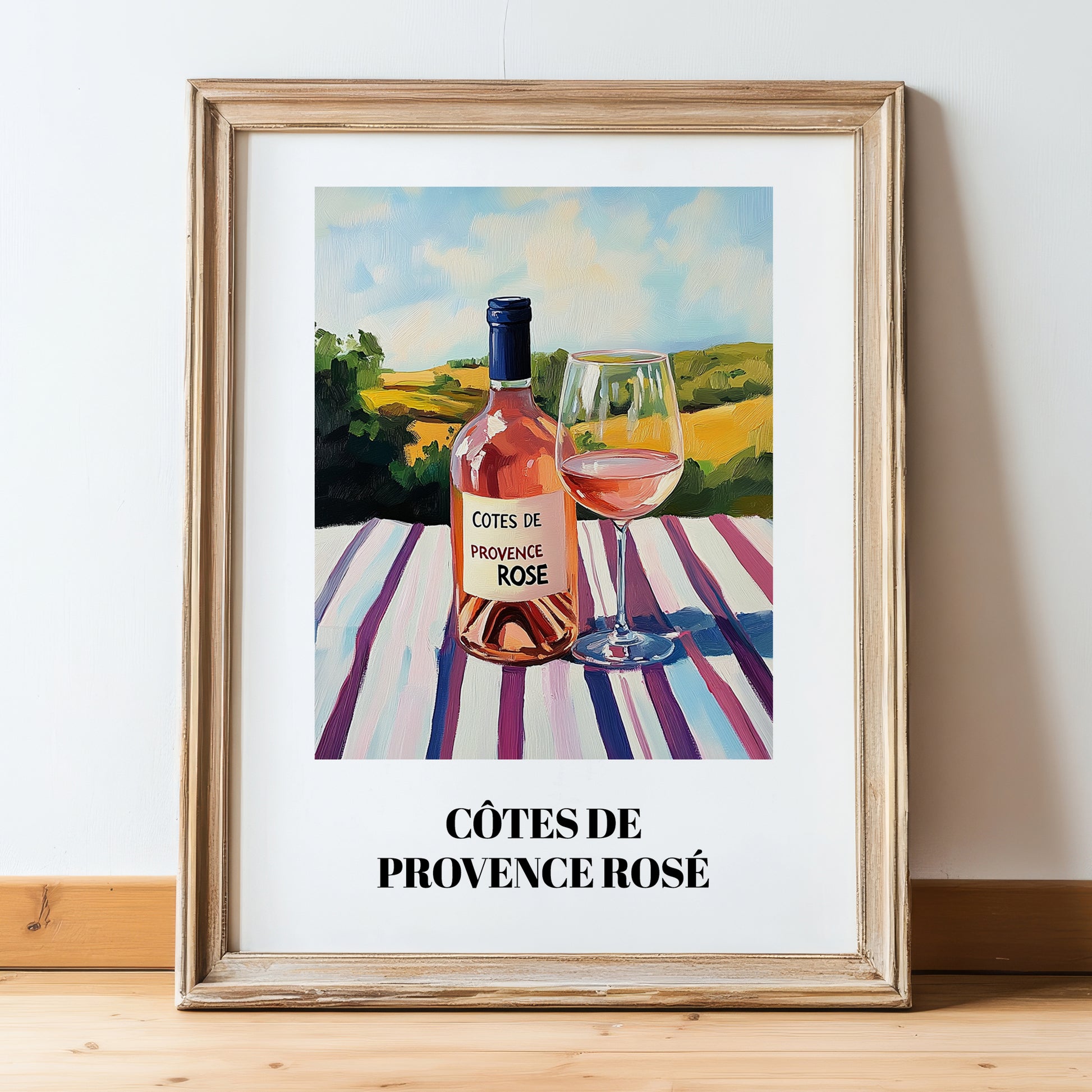 Côtes De Provence Rosé – French Hilltop Café Scene, French Wine Print, in wooden frame leaning on the floor