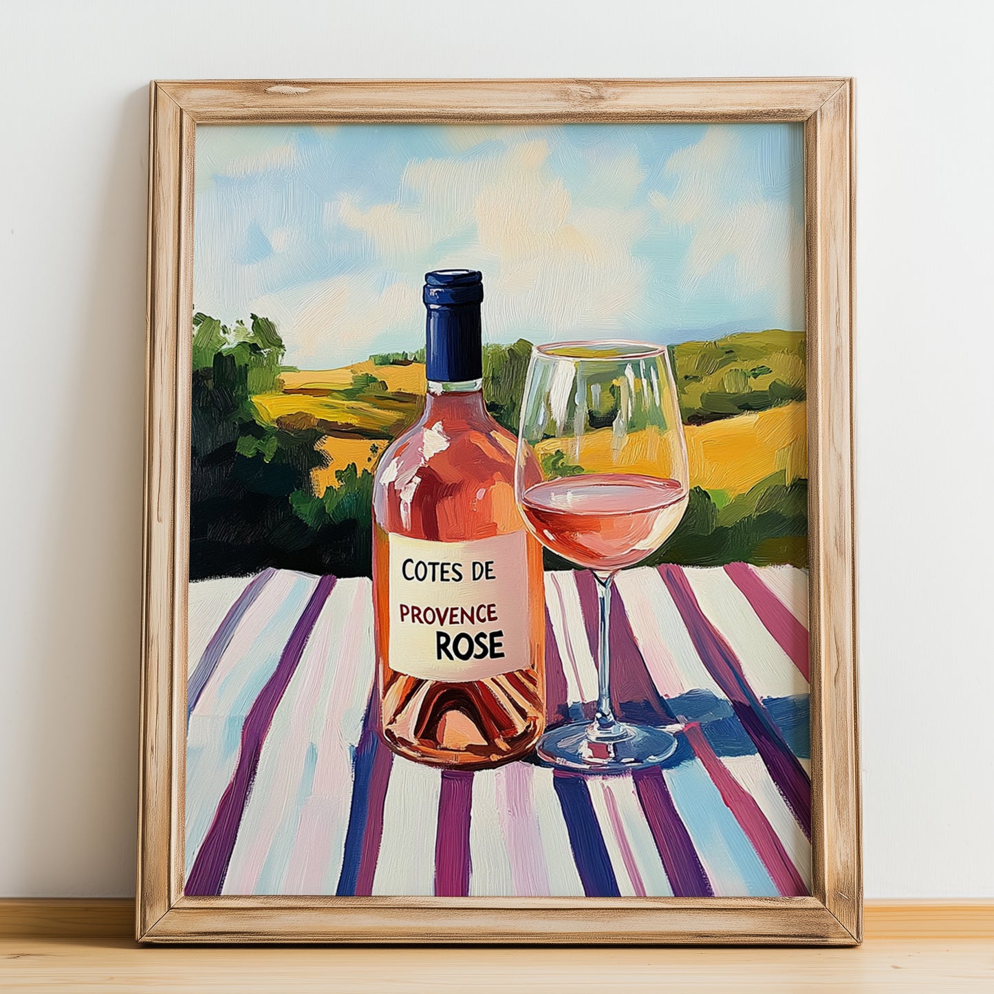 Côtes De Provence Rosé – French Hilltop Café Scene, French Wine Print, no-text version framed in wood