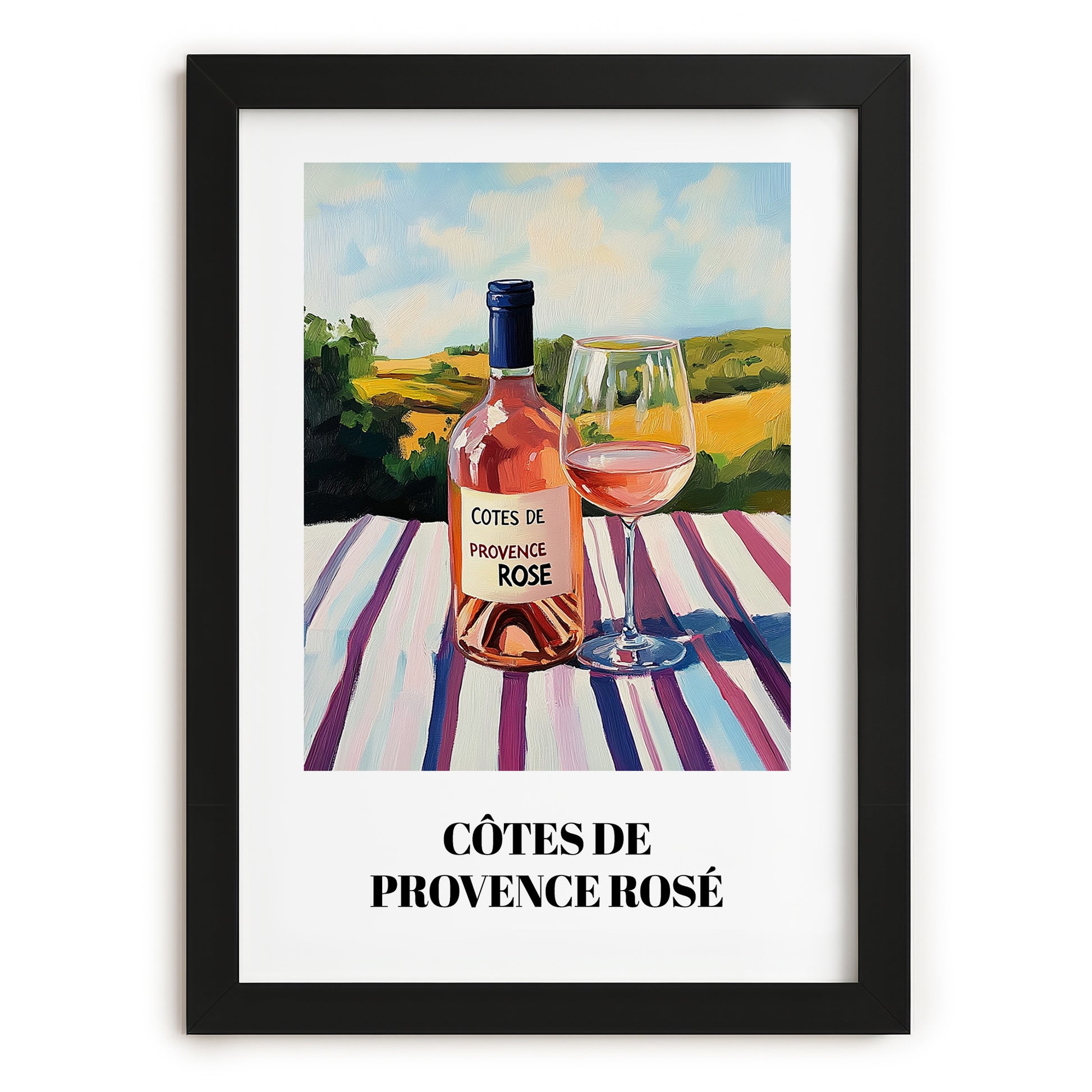 Côtes De Provence Rosé – French Hilltop Café Scene, French Wine Print, in sleek black frame