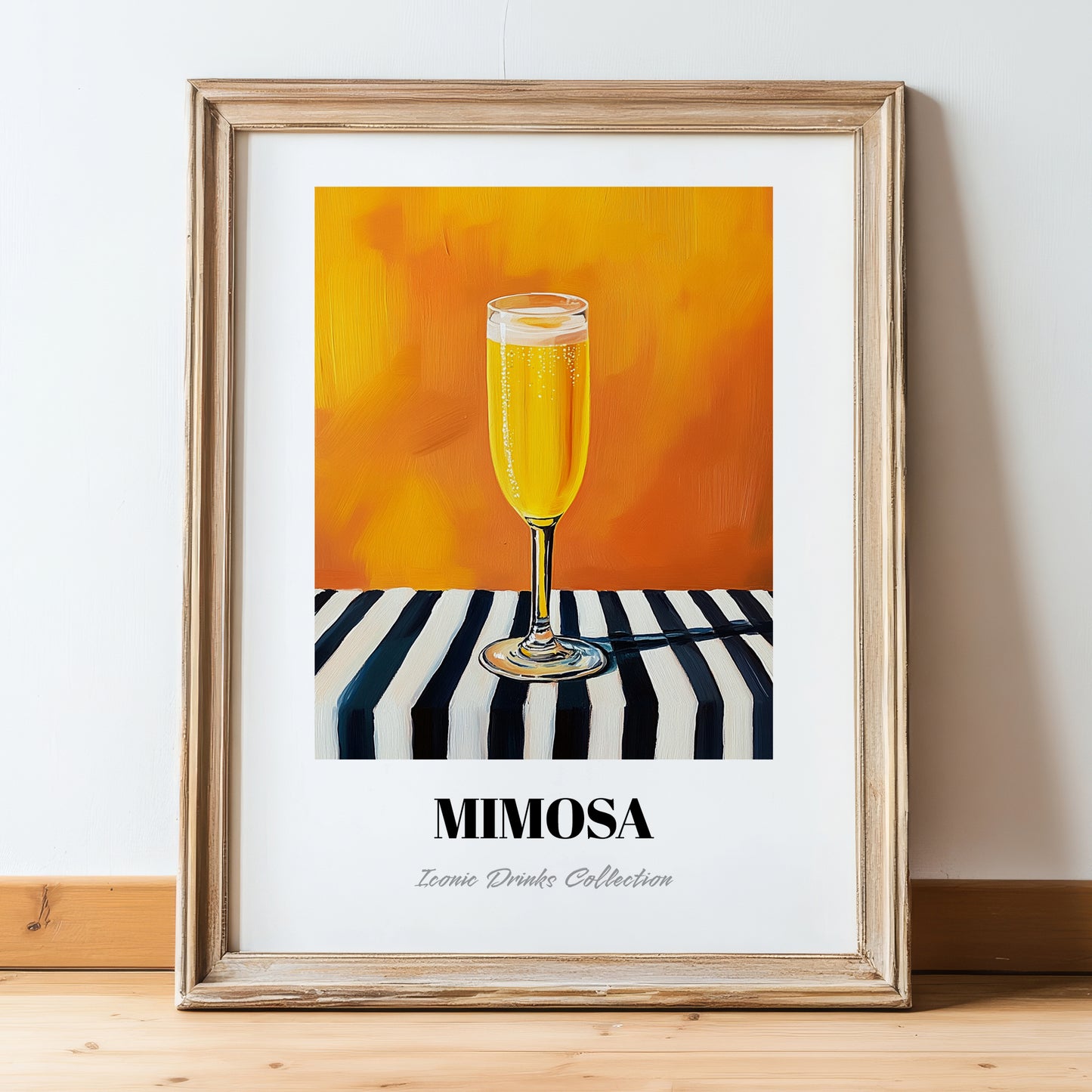 Mimosa – on Striped Tablecloth, French Cocktail Print, in wooden frame leaning on the floor