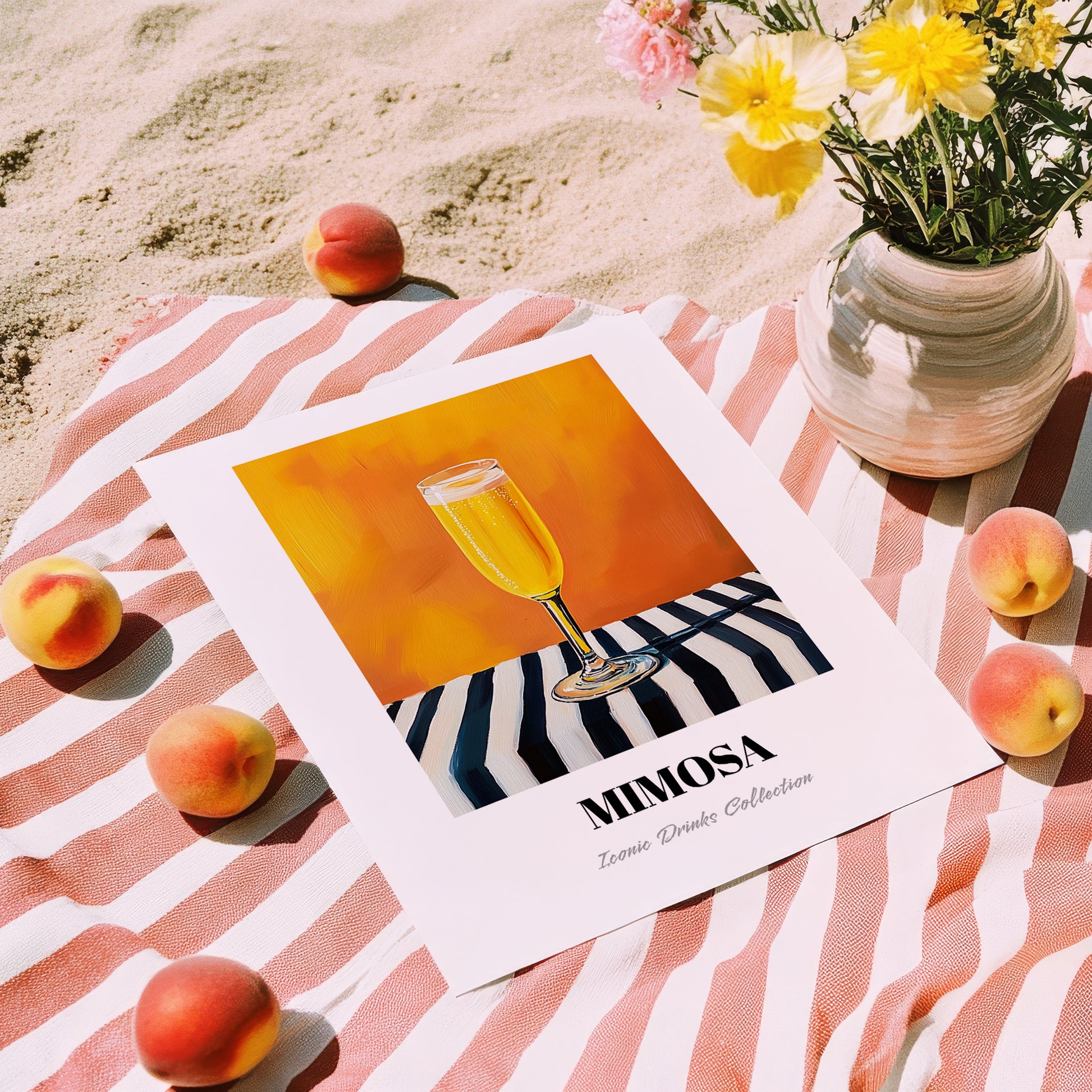 Mimosa – on Striped Tablecloth, French Cocktail Print, unframed on coastal sand