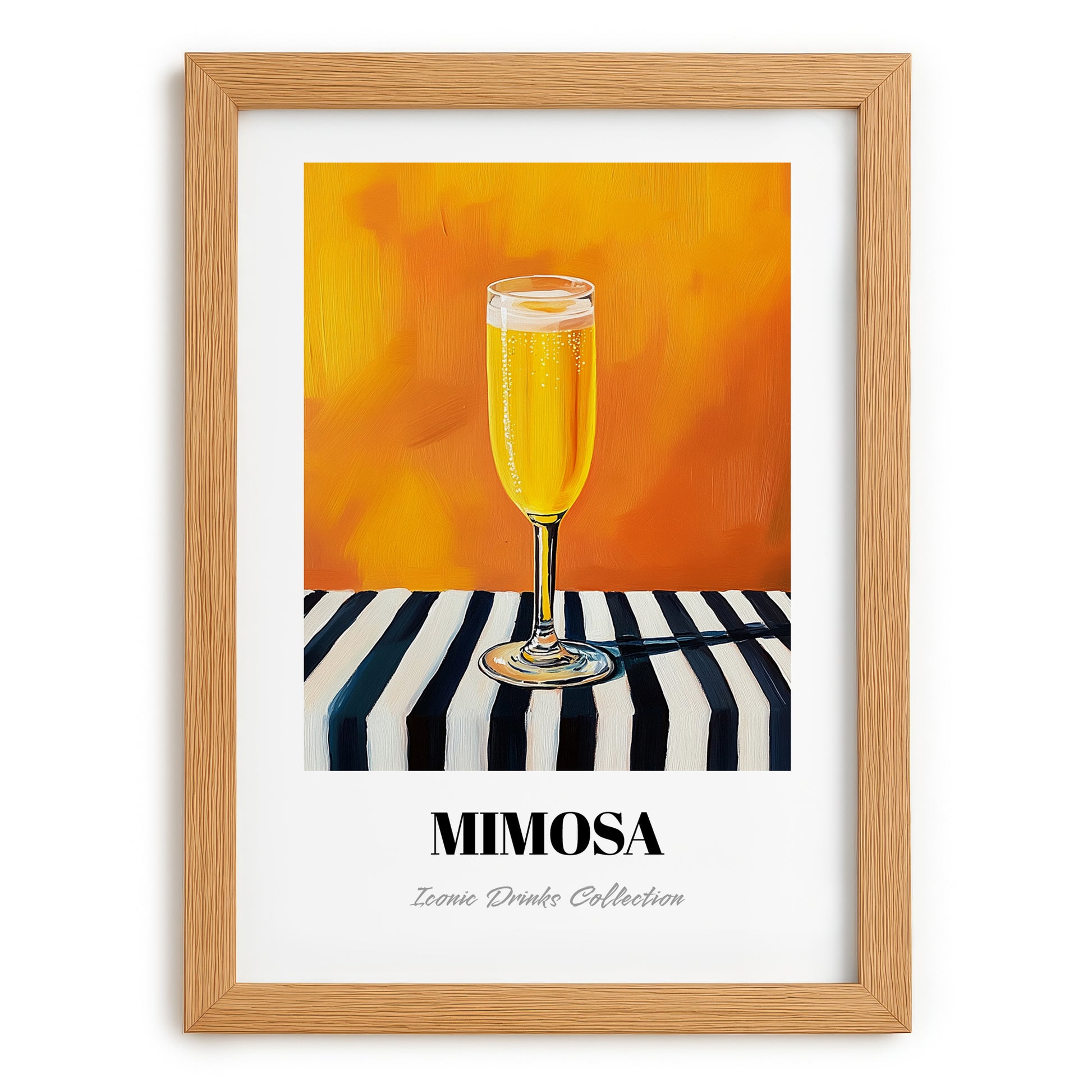 Mimosa – on Striped Tablecloth, French Cocktail Print, set in oak frame