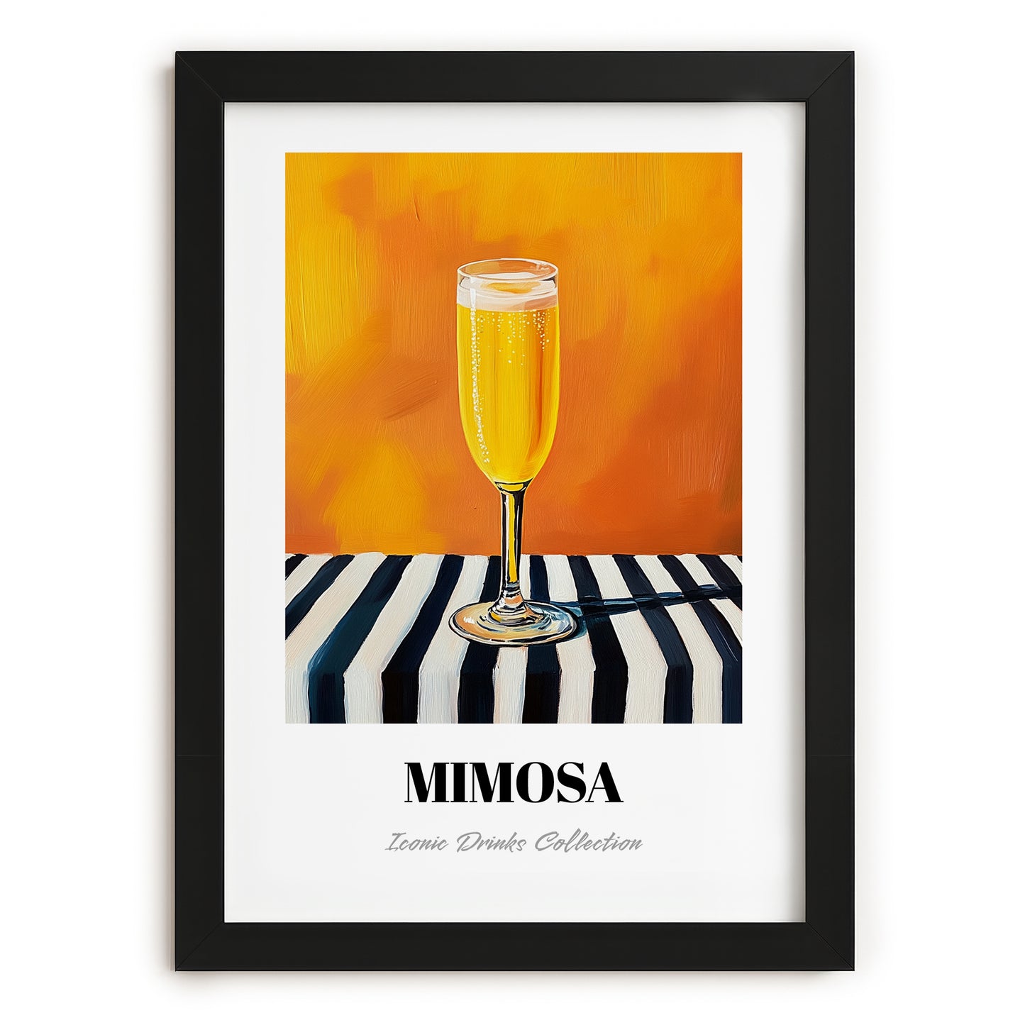 Mimosa – on Striped Tablecloth, French Cocktail Print, in sleek black frame