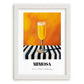 Mimosa – on Striped Tablecloth, French Cocktail Print, placed in minimal white frame