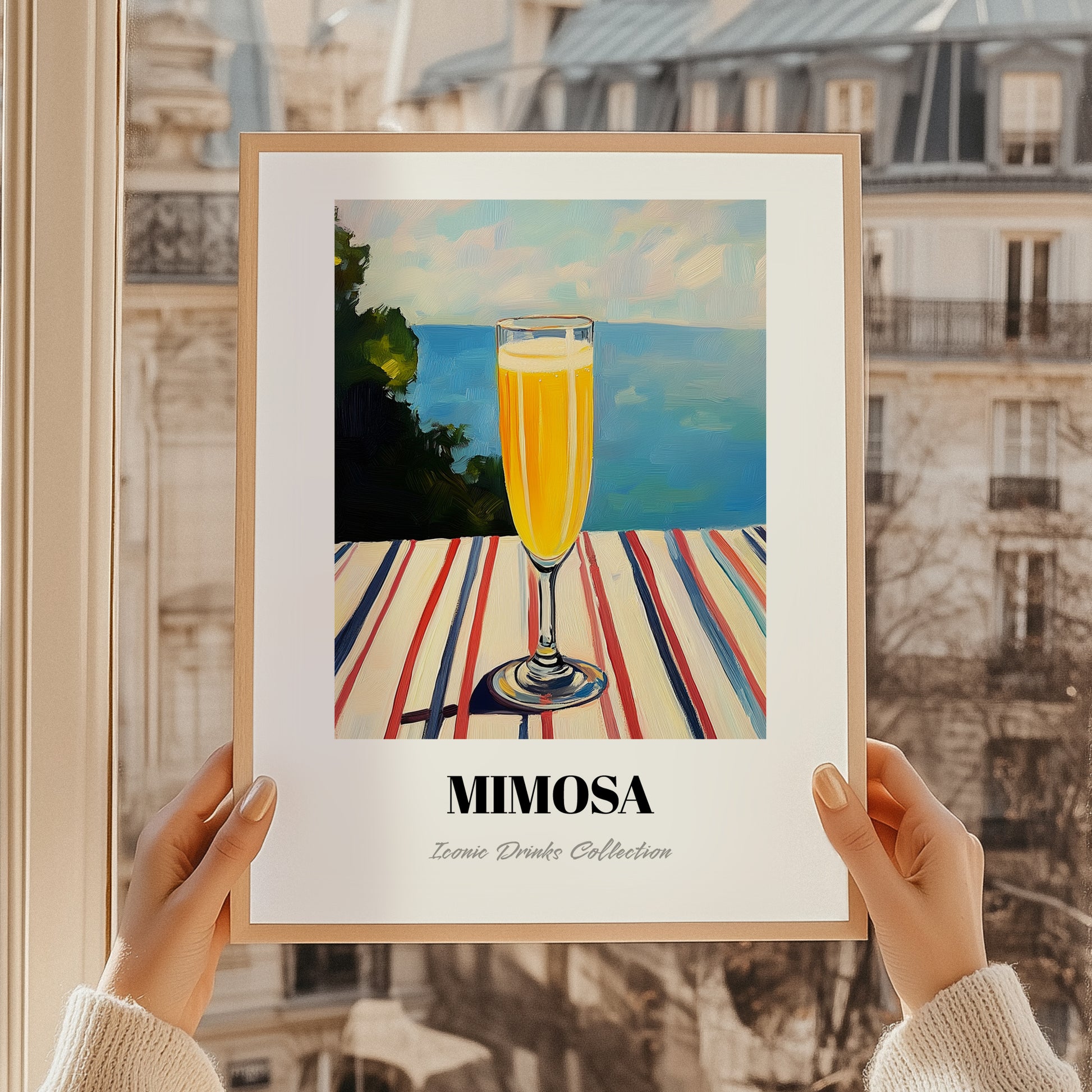 Mimosa – French Coastal Table, French Cocktail Poster, styled in a charming Paris street view
