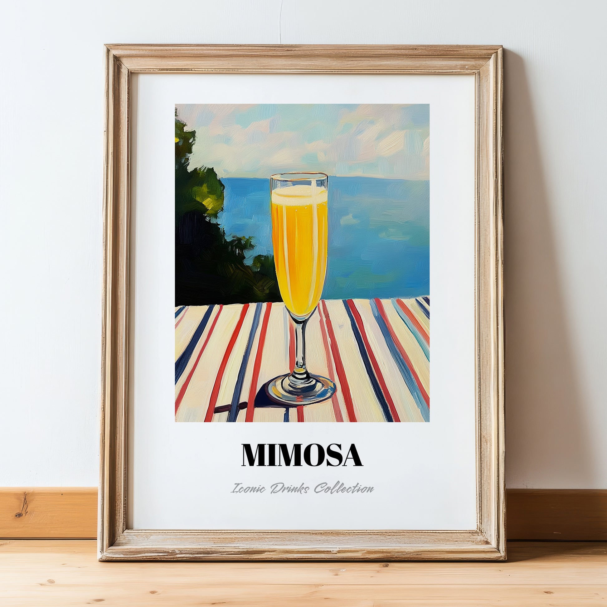 Mimosa – French Coastal Table, French Cocktail Poster, in wooden frame leaning on the floor