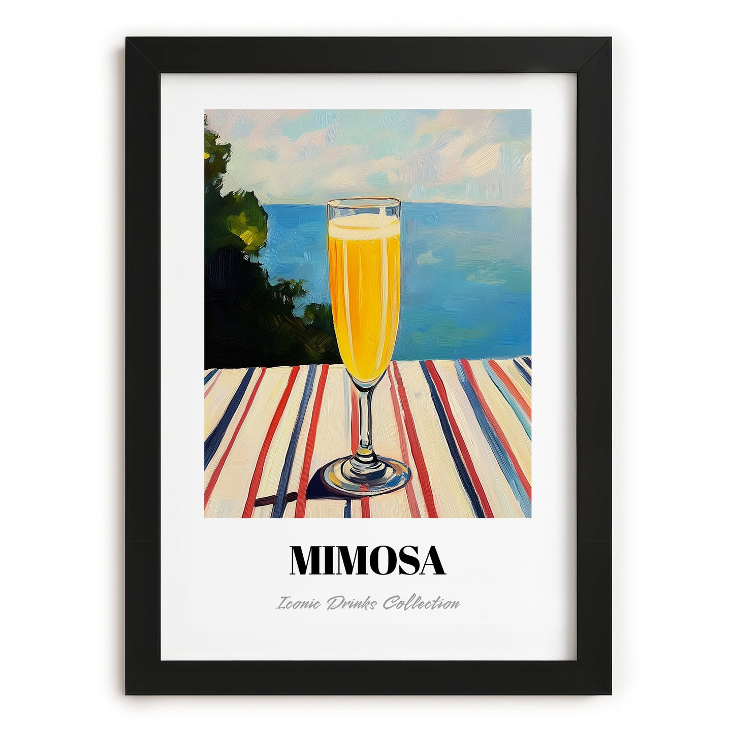 Mimosa – French Coastal Table, French Cocktail Poster, in sleek black frame