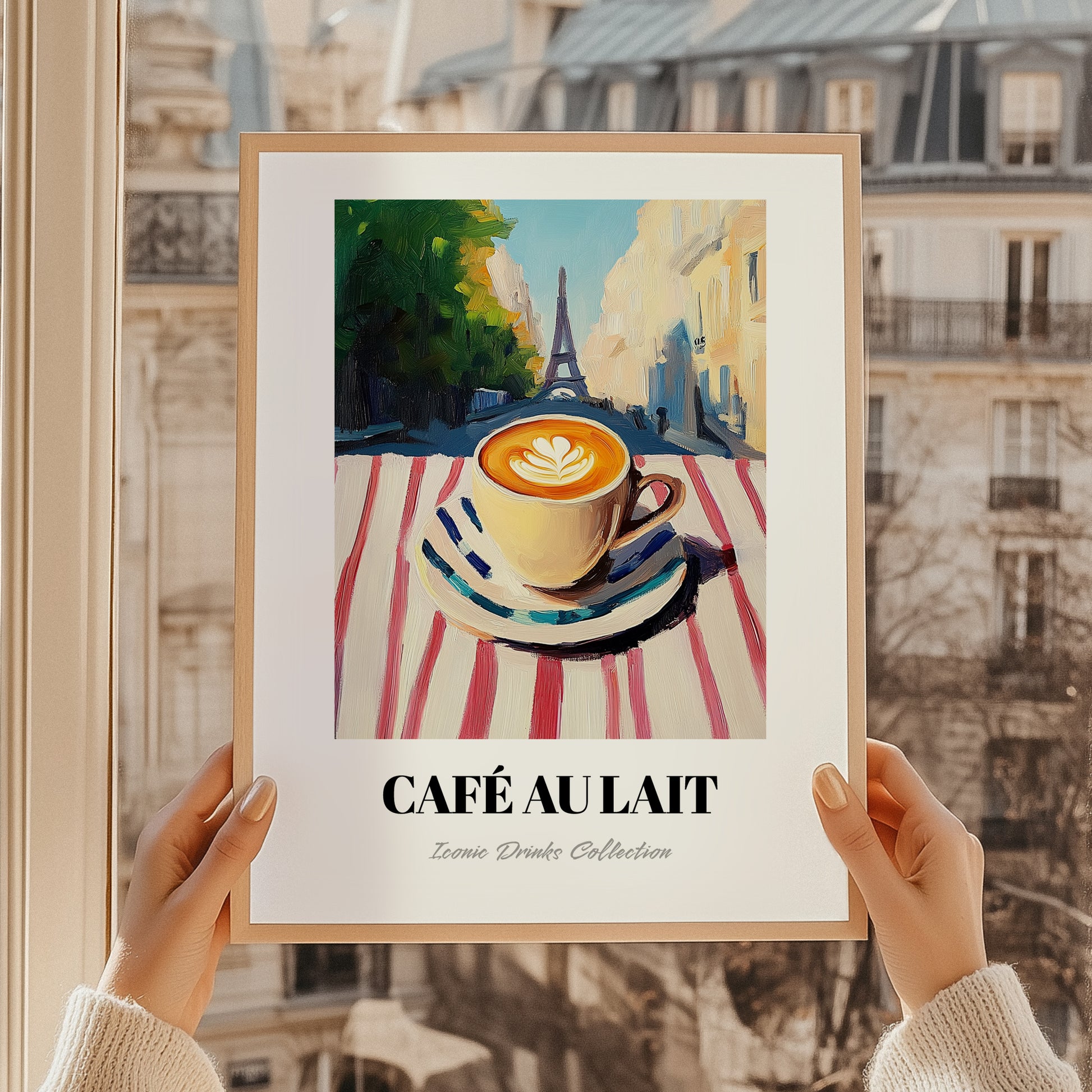 Café Au Lait – French Urban Café Scene, French Coffee Poster, styled in a charming Paris street view