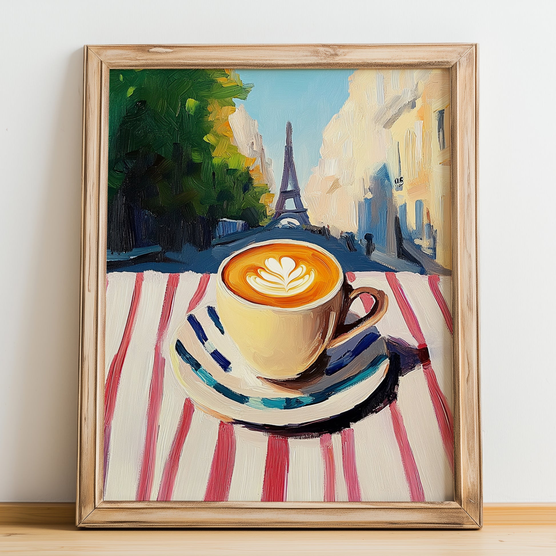 Café Au Lait – French Urban Café Scene, French Coffee Poster, no-text version framed in wood