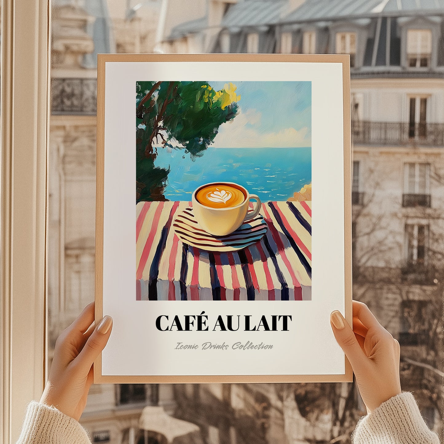 Café Au Lait – French Seaside Scene, French Coffee Illustration, styled in a charming Paris street view