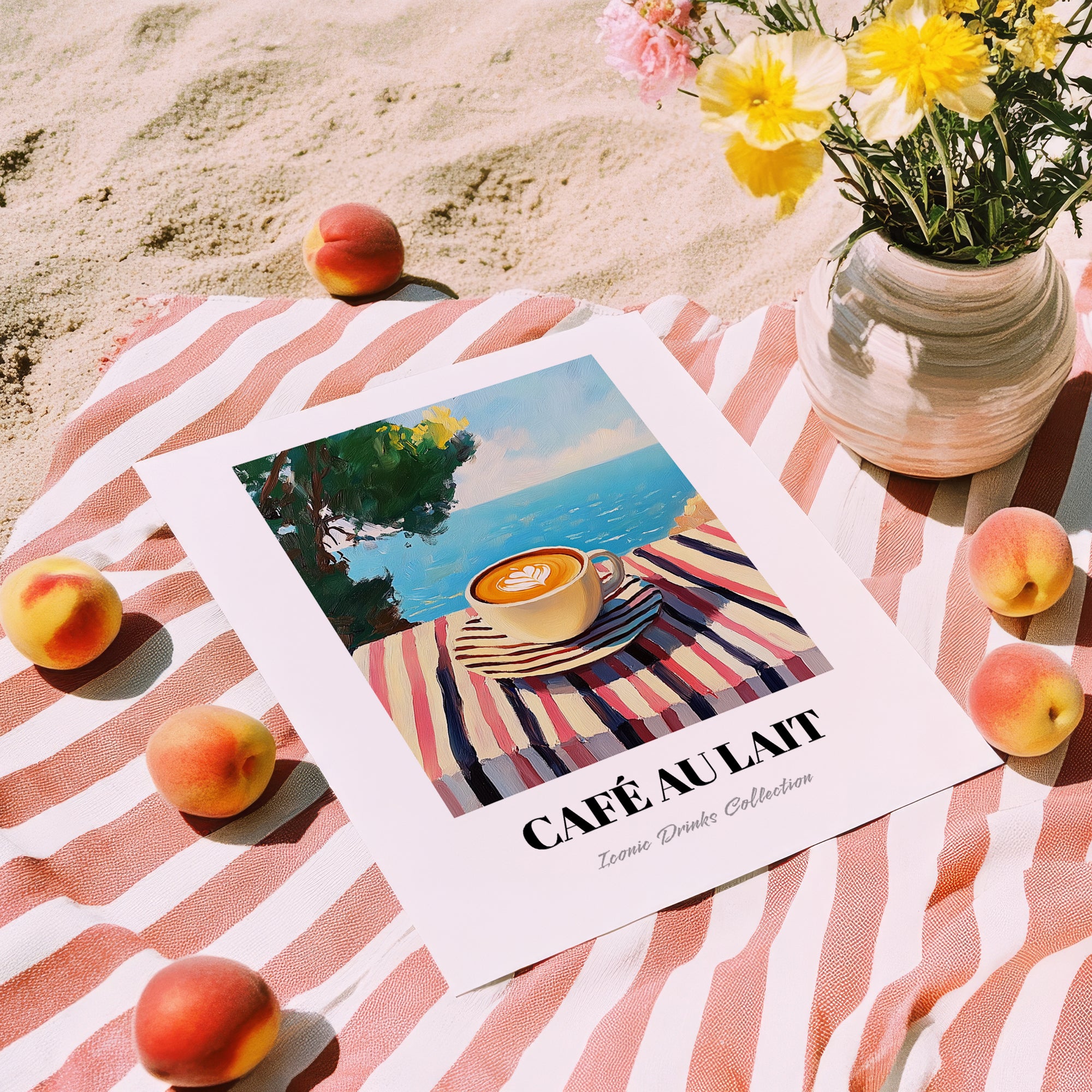 Café Au Lait – French Seaside Scene, French Coffee Illustration, unframed on coastal sand