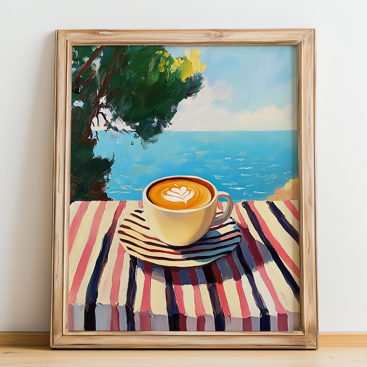Café Au Lait – French Seaside Scene, French Coffee Illustration, no-text version framed in wood