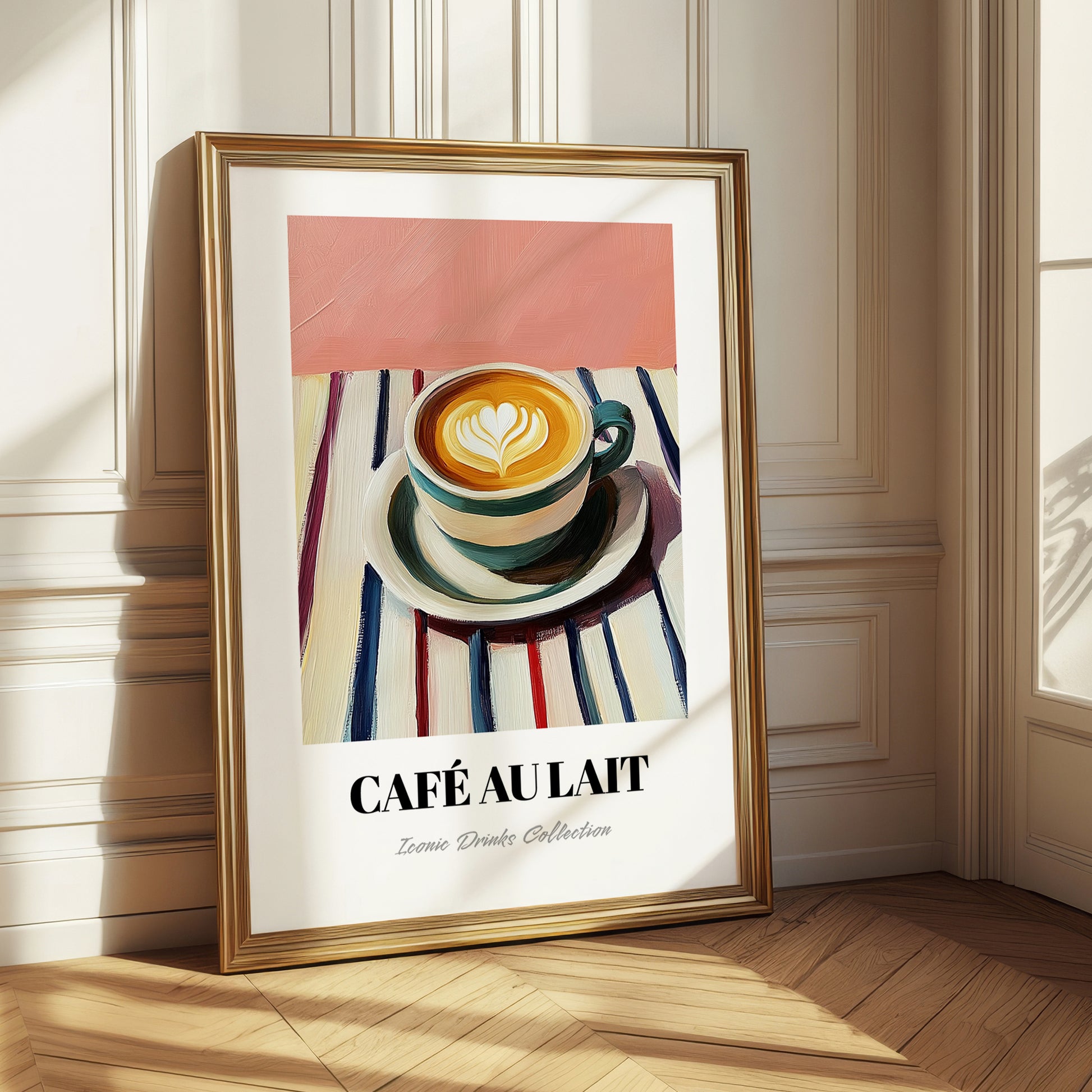 Café Au Lait – on Striped Tablecloth, French Coffee Print