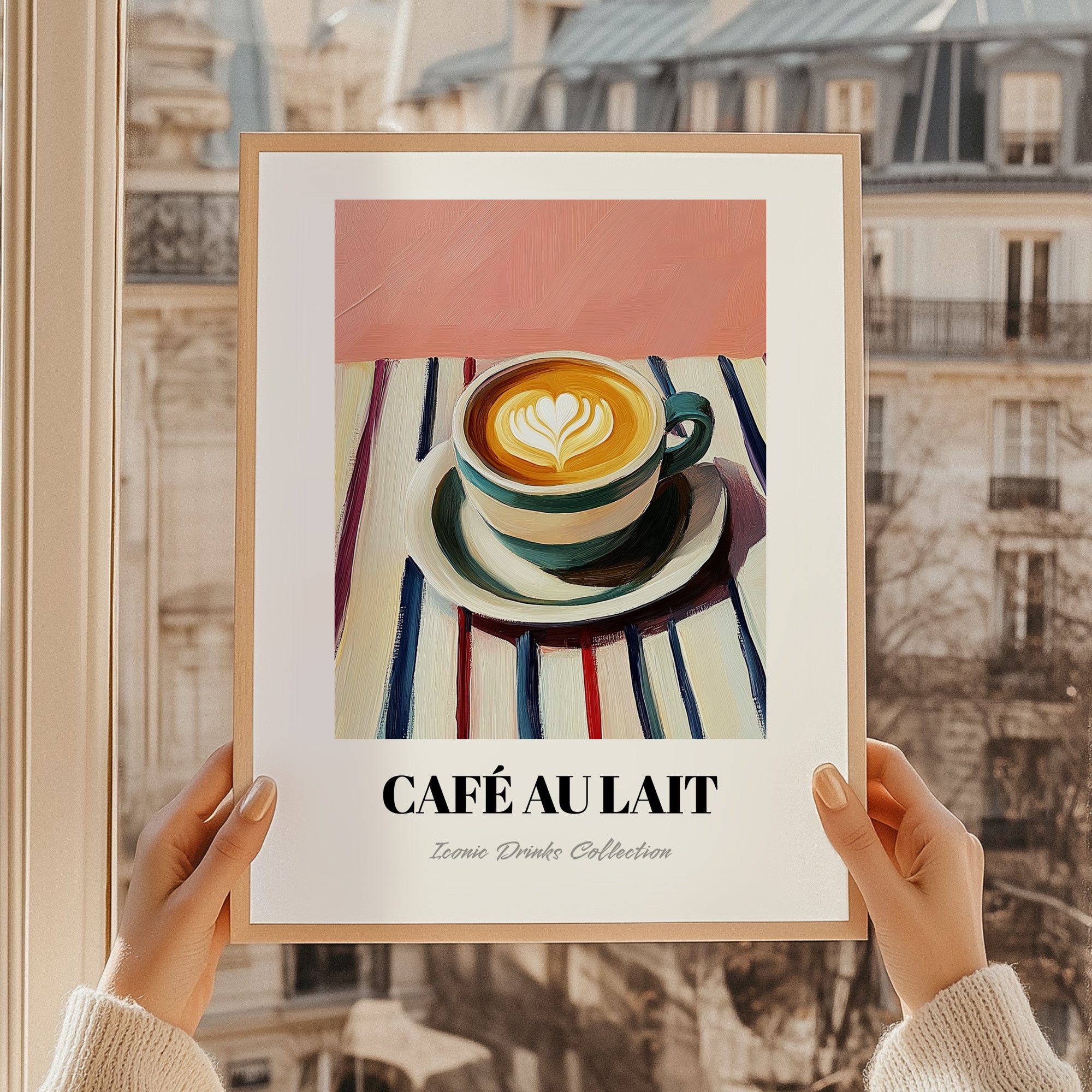 Café Au Lait – on Striped Tablecloth, French Coffee Print, styled in a charming Paris street view