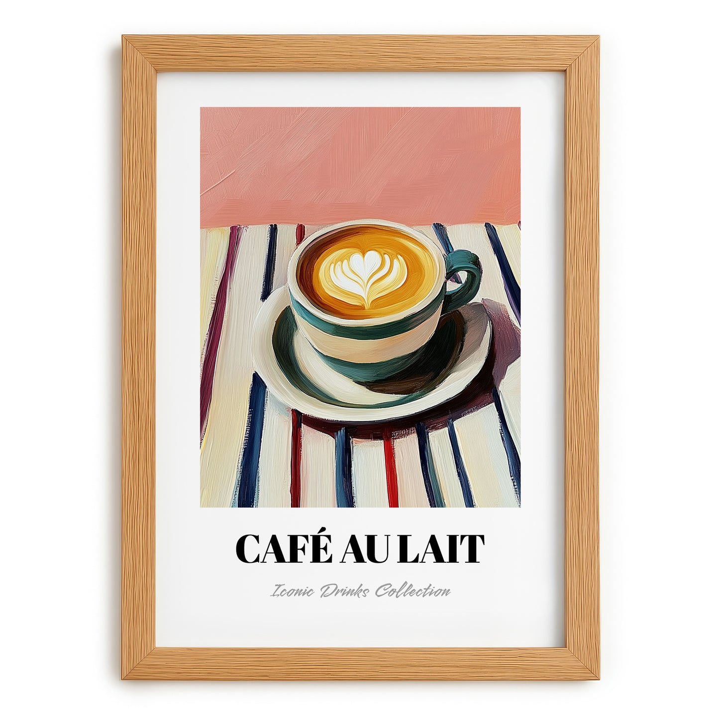 Café Au Lait – on Striped Tablecloth, French Coffee Print, set in oak frame