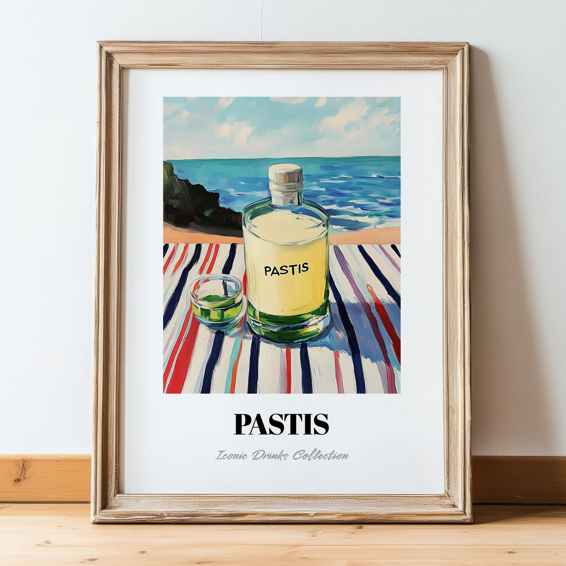 Pastis – French Coastal Café Moment, French Spirit Illustration, in wooden frame leaning on the floor