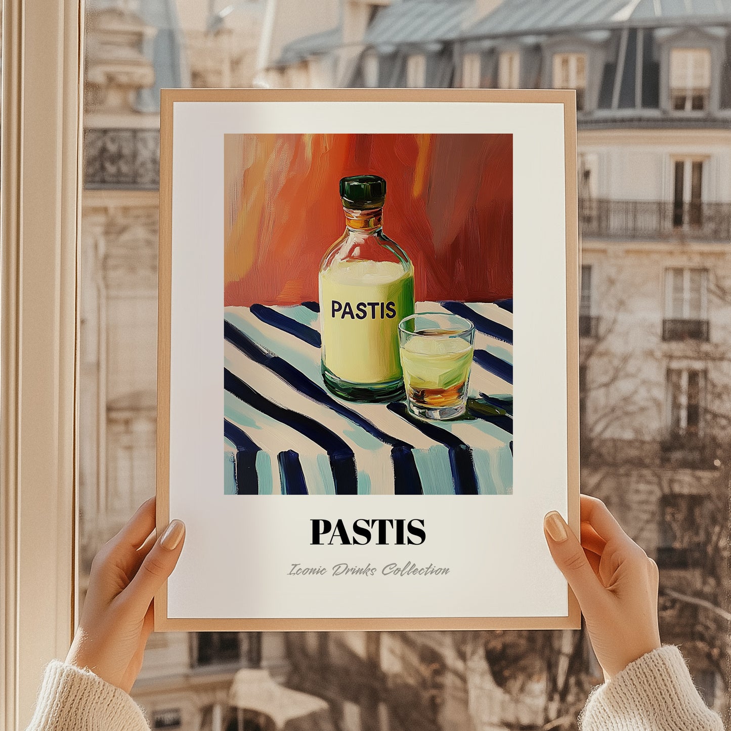 Pastis – on Striped Tablecloth, French Spirit Illustration, styled in a charming Paris street view