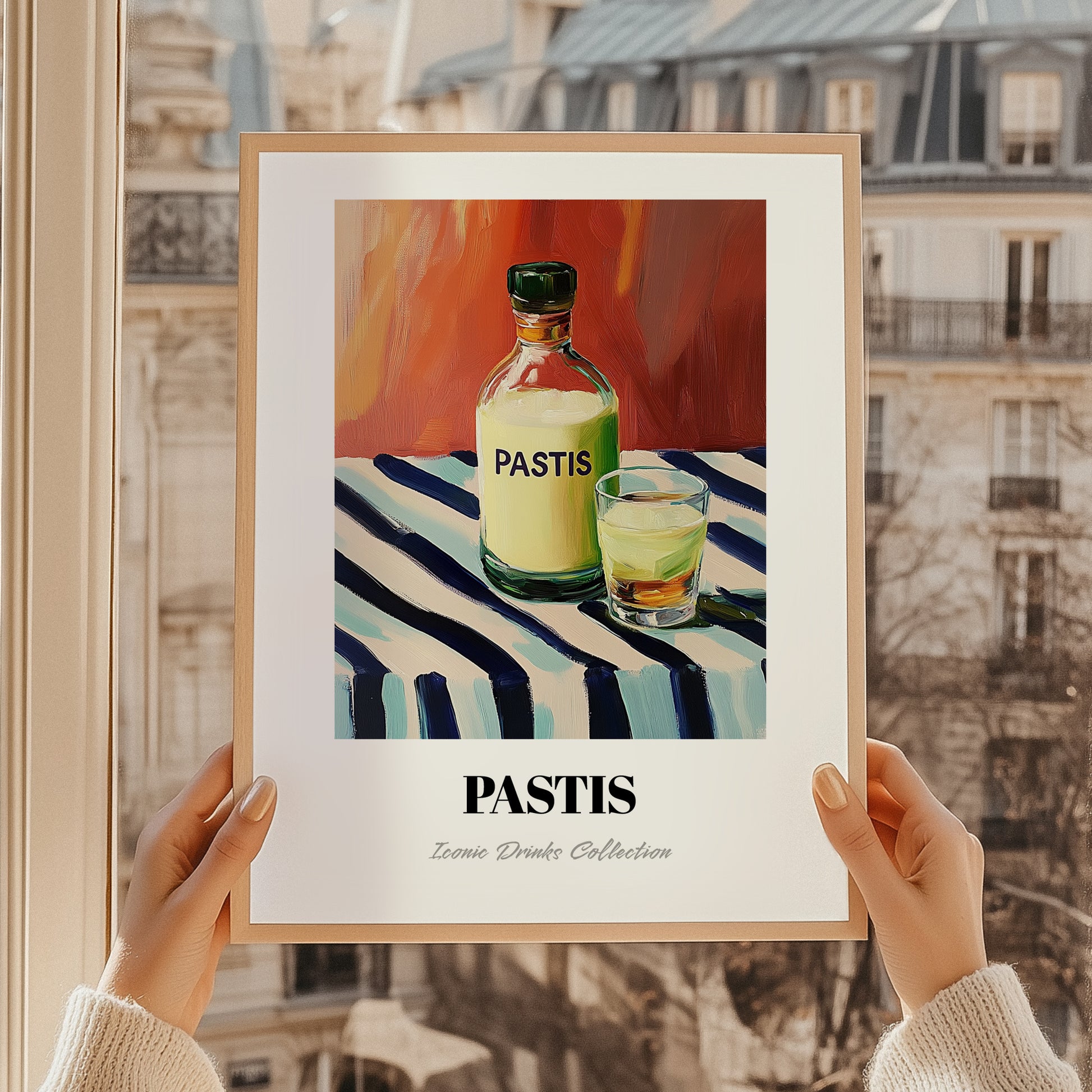 Pastis – on Striped Tablecloth, French Spirit Illustration, styled in a charming Paris street view