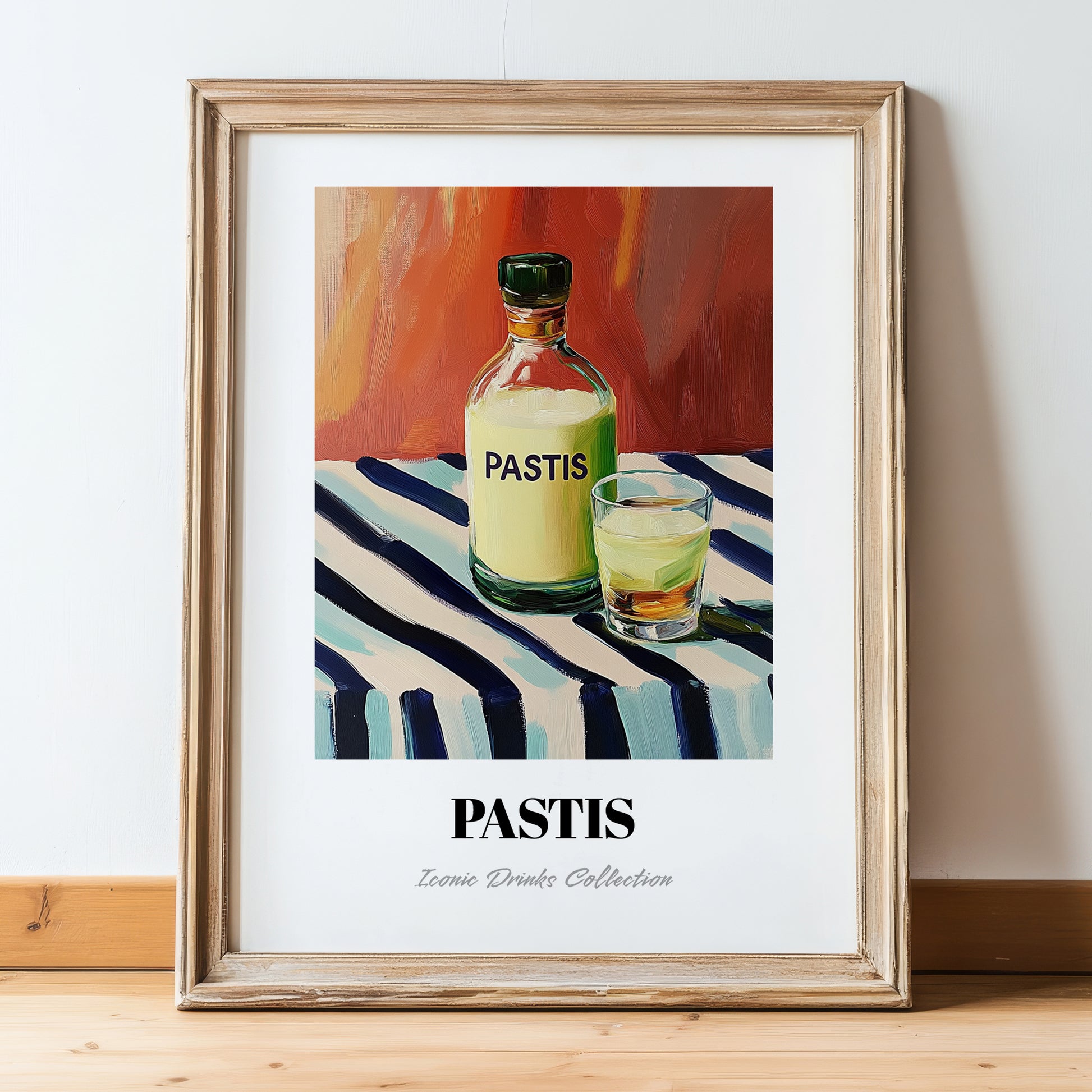 Pastis – on Striped Tablecloth, French Spirit Illustration, in wooden frame leaning on the floor