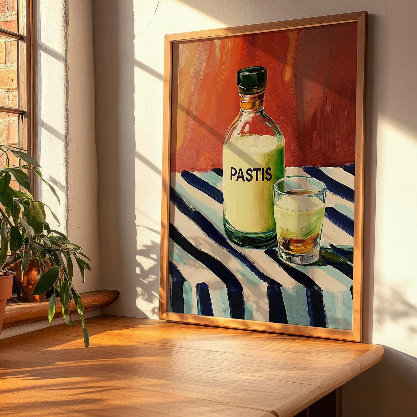 Pastis – on Striped Tablecloth, French Spirit Illustration, clean layout with no caption
