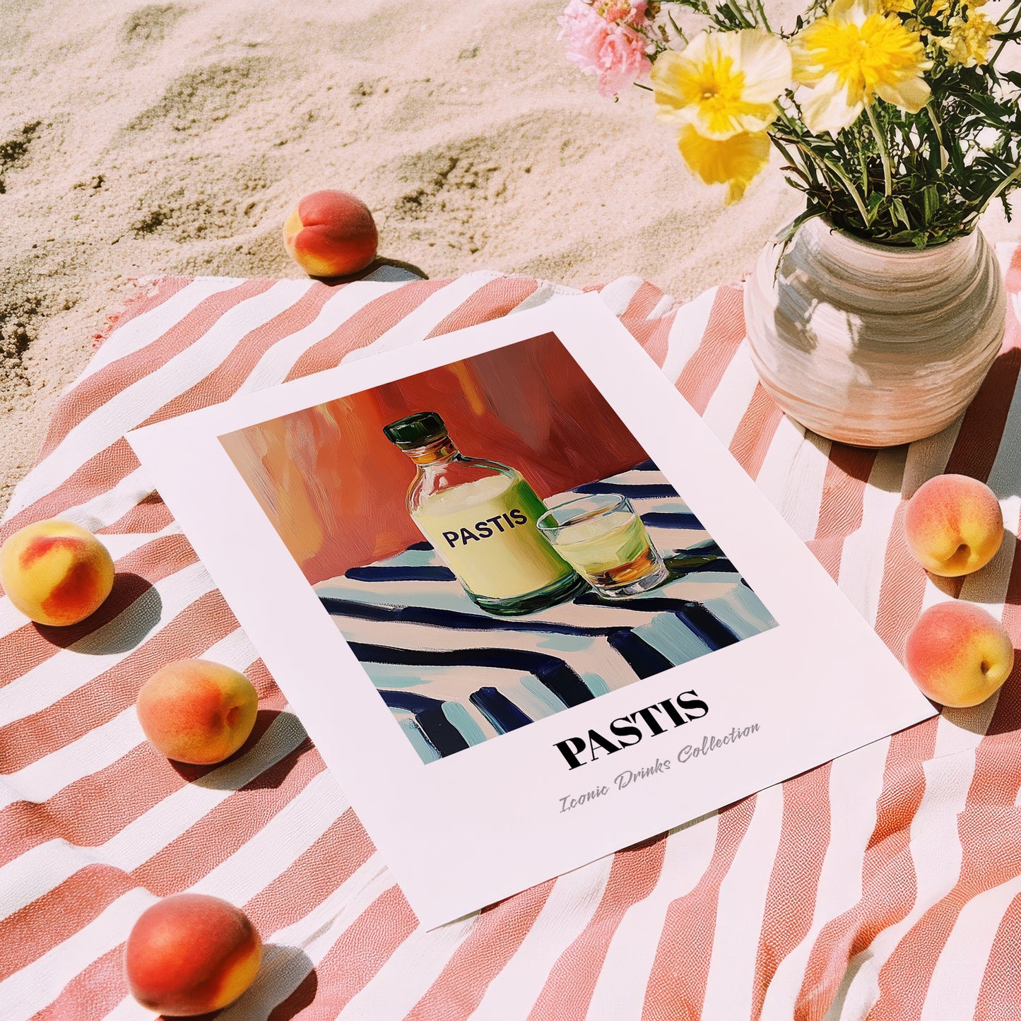 Pastis – on Striped Tablecloth, French Spirit Illustration, unframed on coastal sand