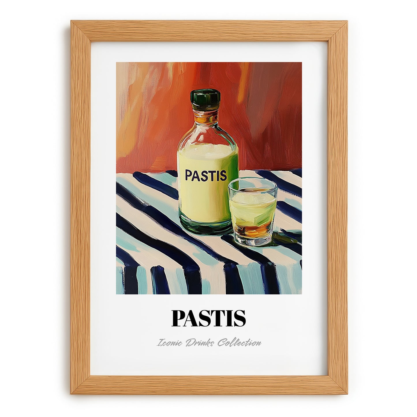 Pastis – on Striped Tablecloth, French Spirit Illustration, set in oak frame
