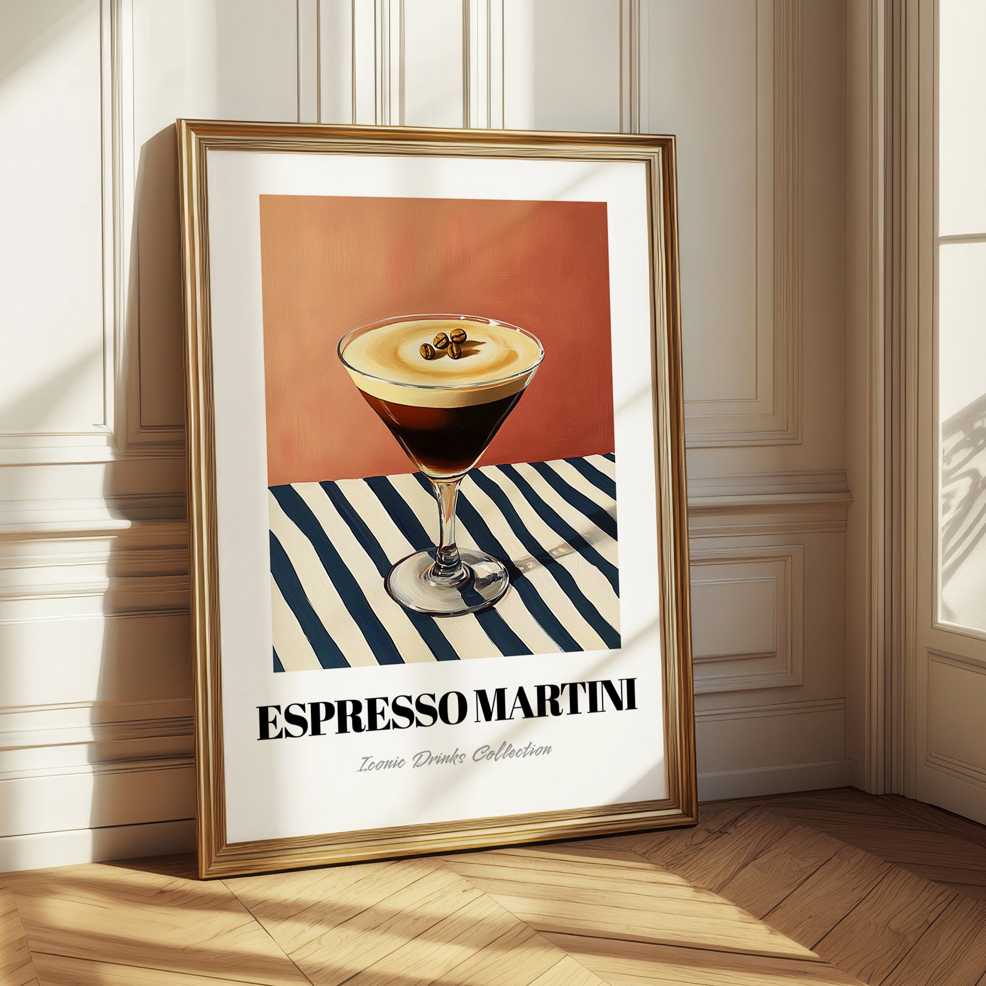 Espresso Martini – on Striped Tablecloth, French Cocktail Wall Decor