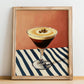 Espresso Martini – on Striped Tablecloth, French Cocktail Wall Decor, no-text version framed in wood