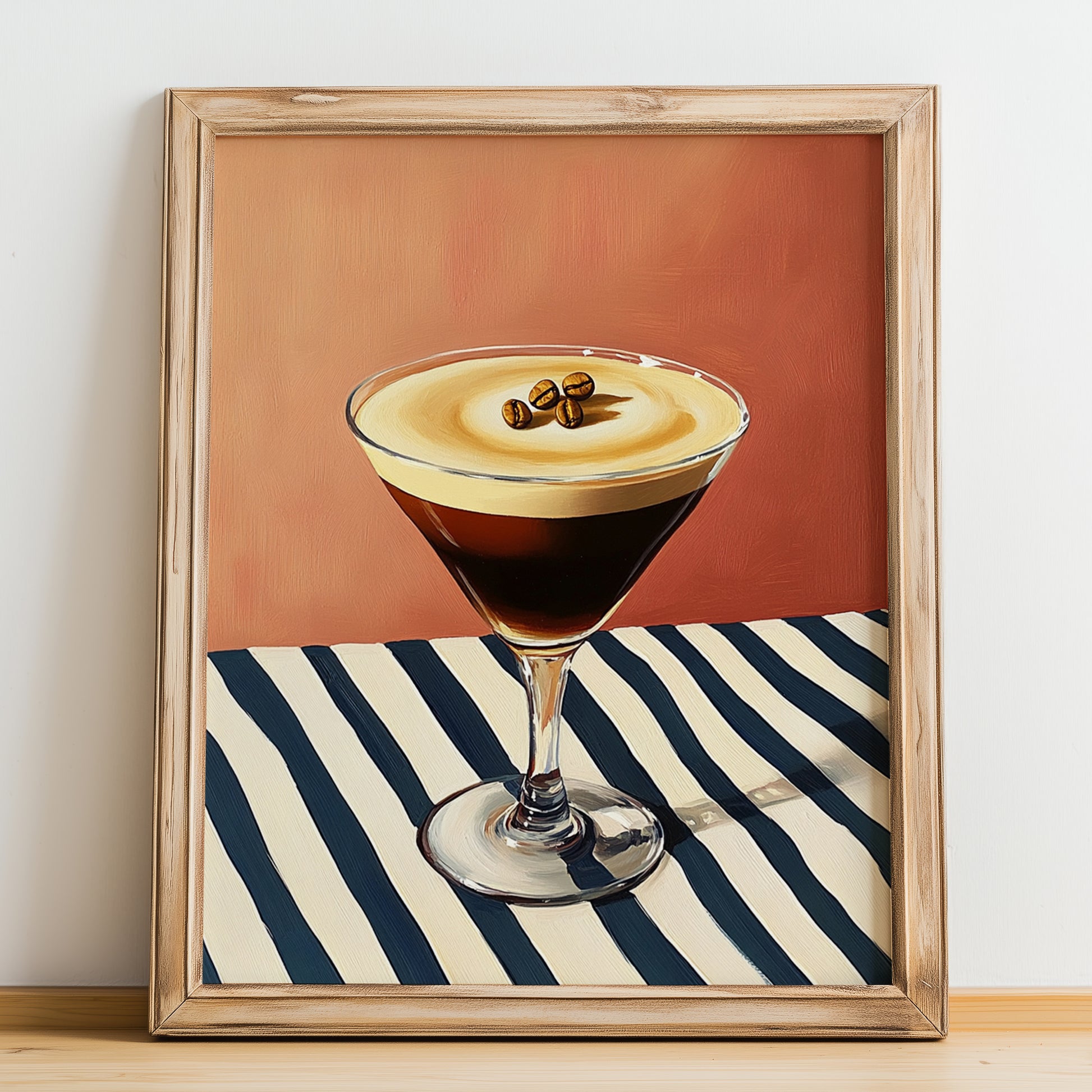 Espresso Martini – on Striped Tablecloth, French Cocktail Wall Decor, no-text version framed in wood