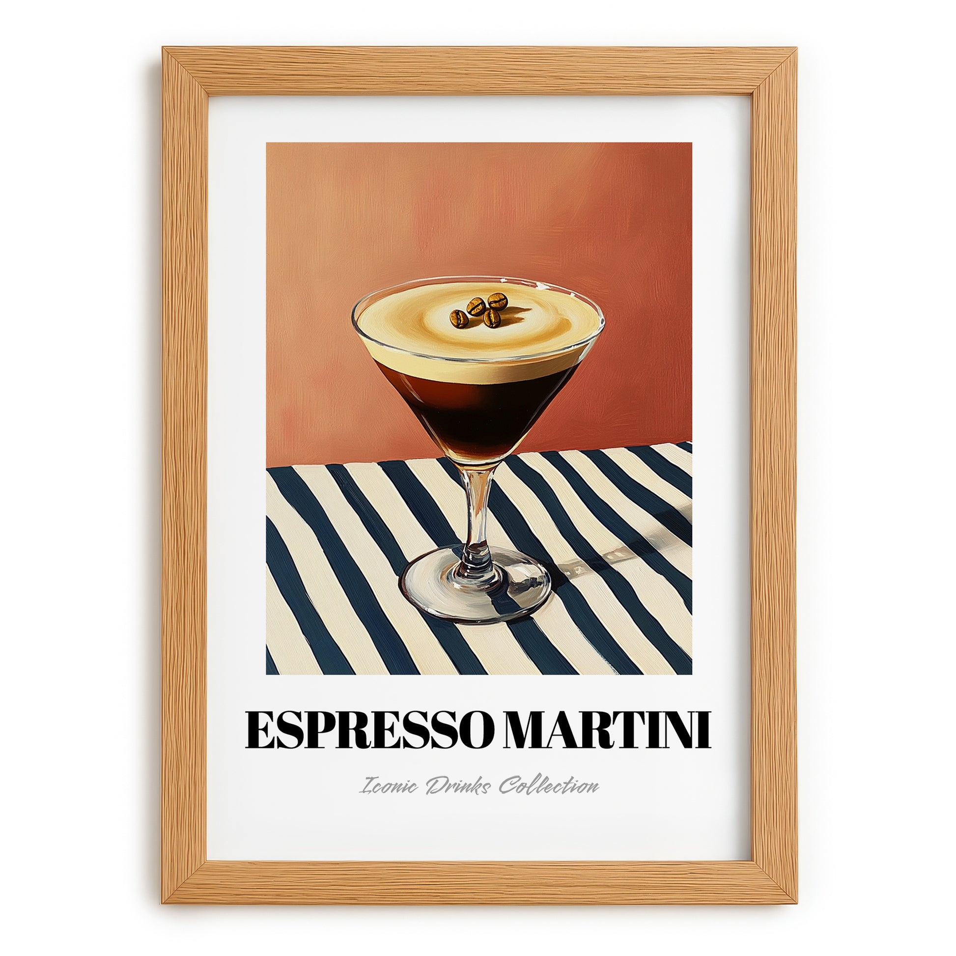 Espresso Martini – on Striped Tablecloth, French Cocktail Wall Decor, set in oak frame