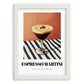 Espresso Martini – on Striped Tablecloth, French Cocktail Wall Decor, placed in minimal white frame