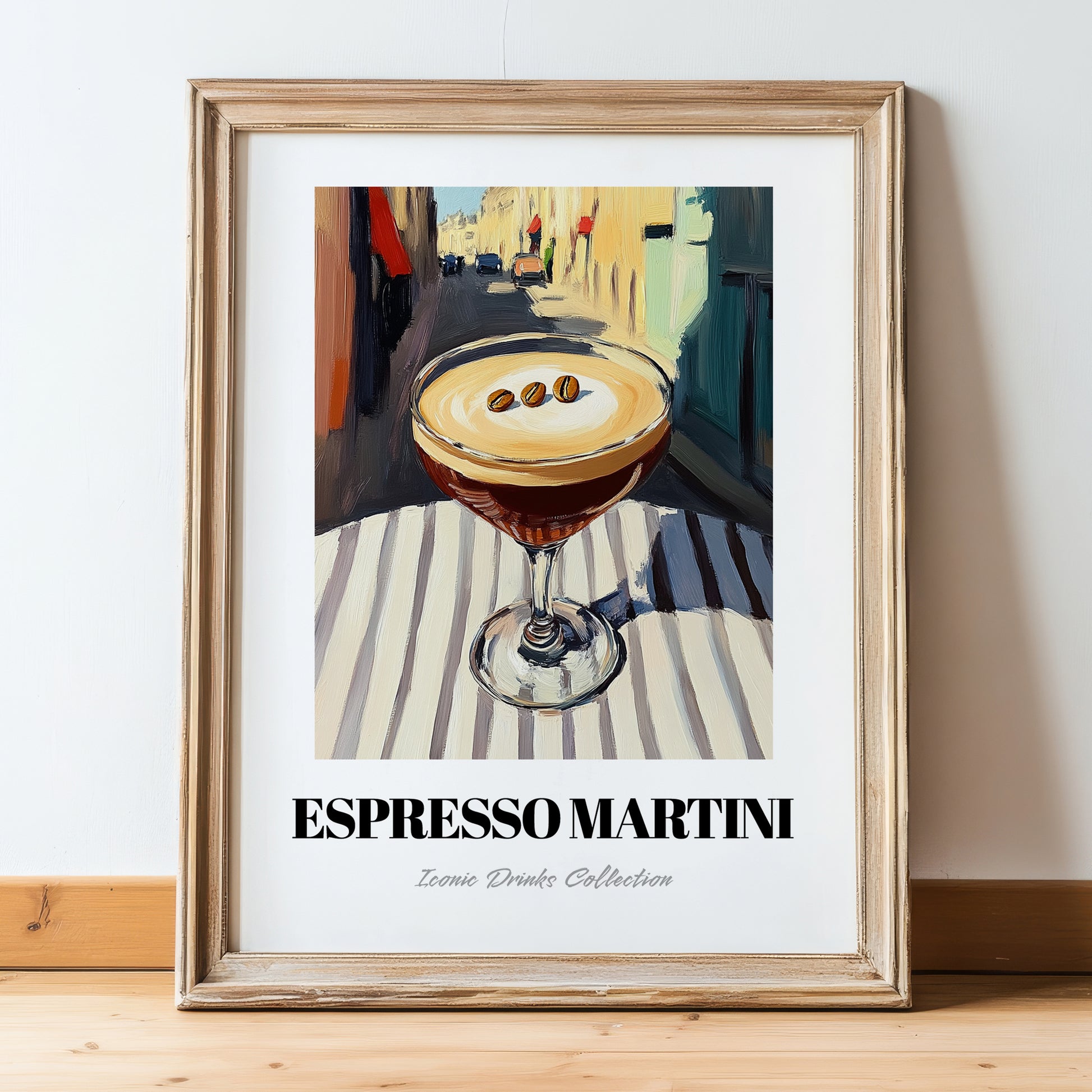 Espresso Martini – French Outdoor Café Scene, French Cocktail Still Life, in wooden frame leaning on the floor