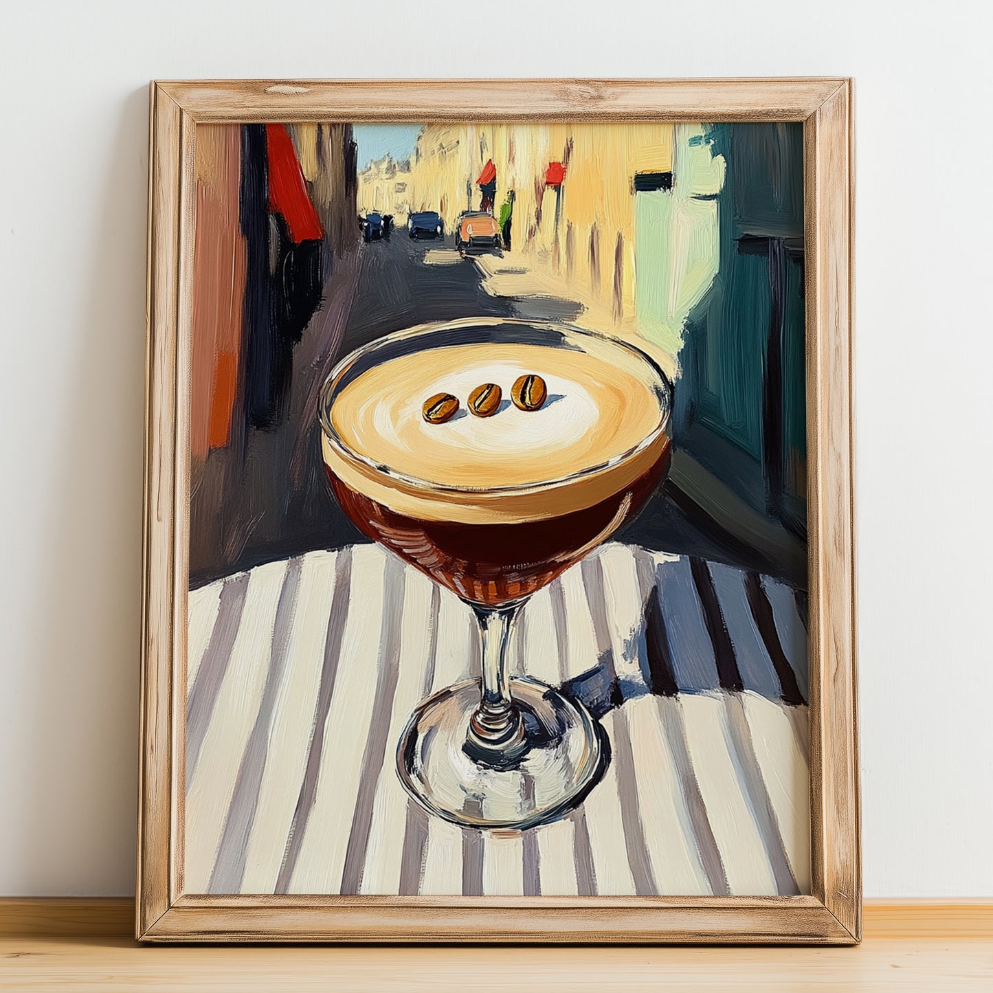 Espresso Martini – French Outdoor Café Scene, French Cocktail Still Life, no-text version framed in wood