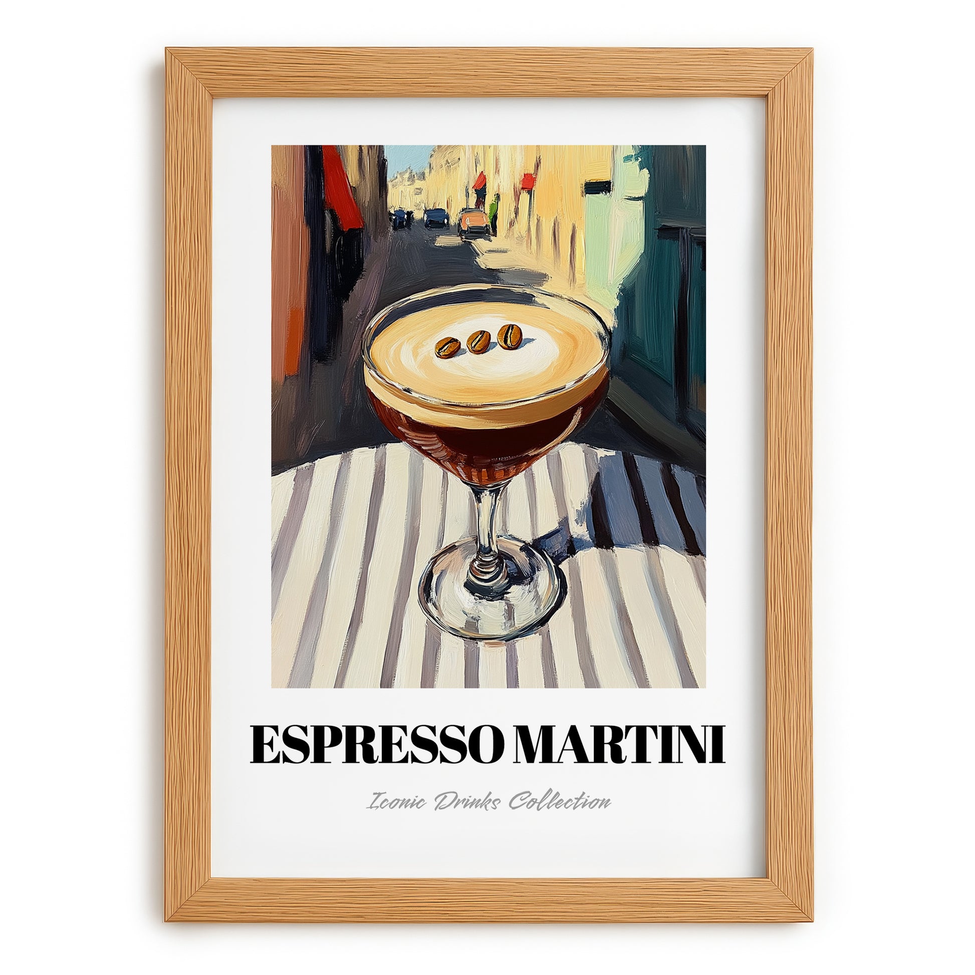 Espresso Martini – French Outdoor Café Scene, French Cocktail Still Life, set in oak frame