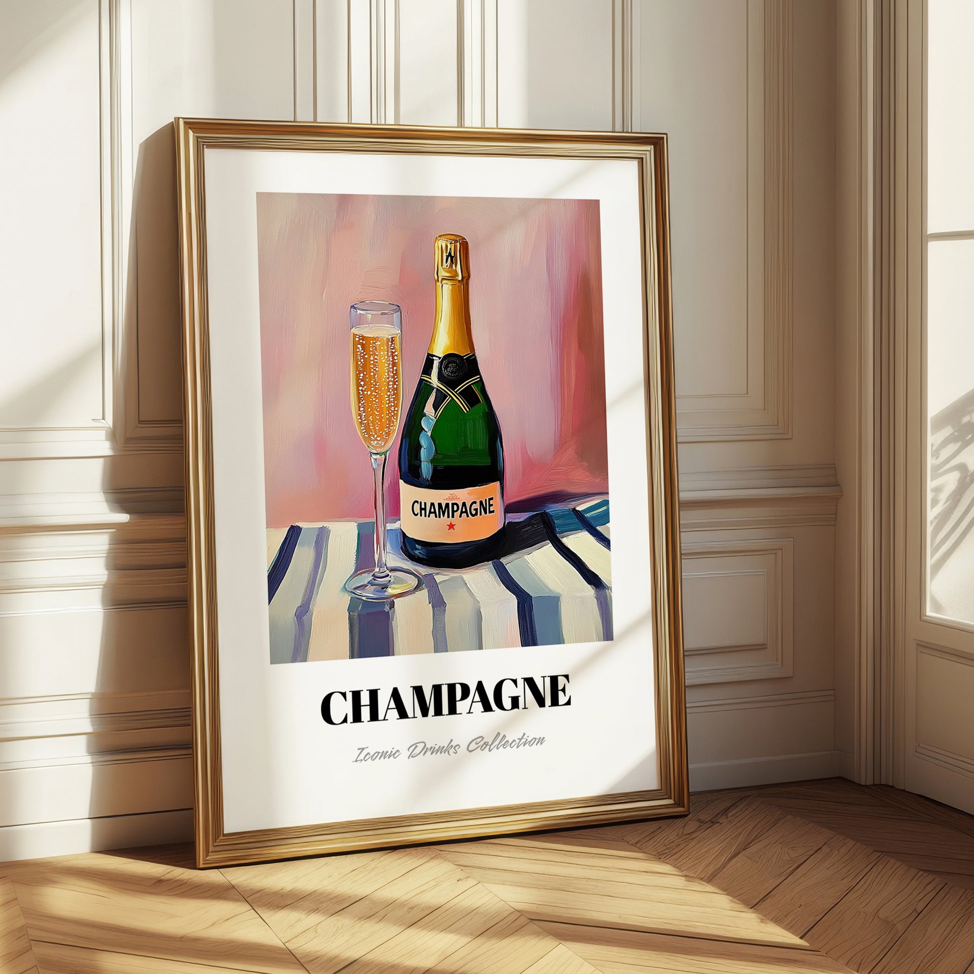 Champagne – on Striped Tablecloth, French Sparkling Wine Poster