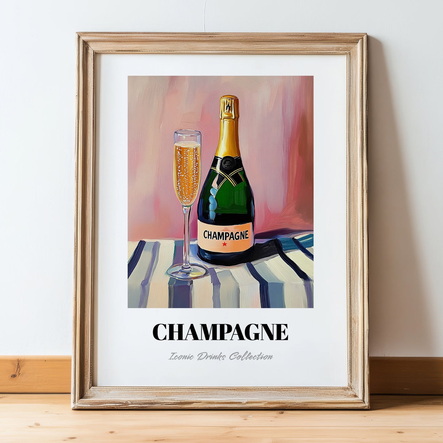 Champagne – on Striped Tablecloth, French Sparkling Wine Poster, in wooden frame leaning on the floor