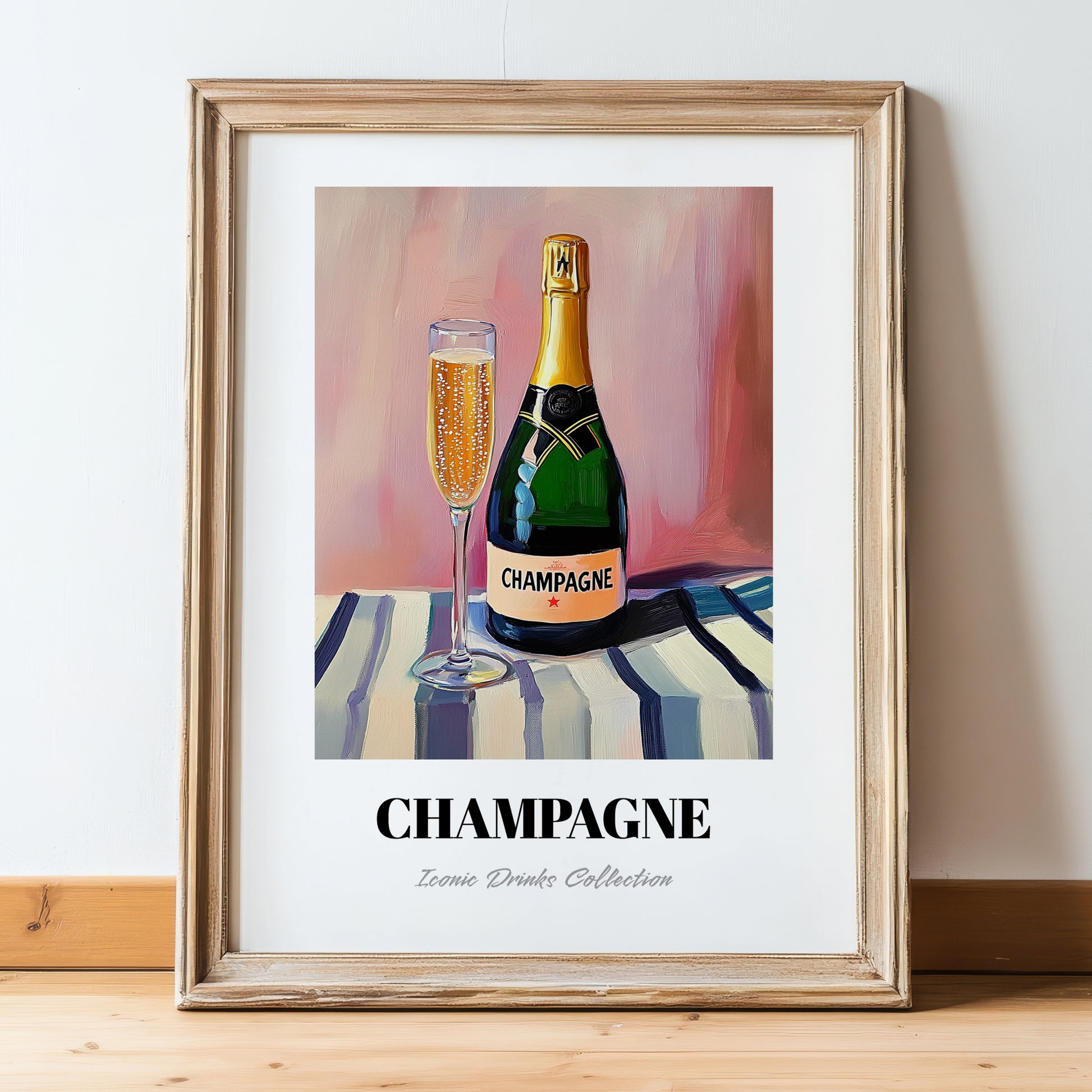 Champagne – on Striped Tablecloth, French Sparkling Wine Poster, in wooden frame leaning on the floor
