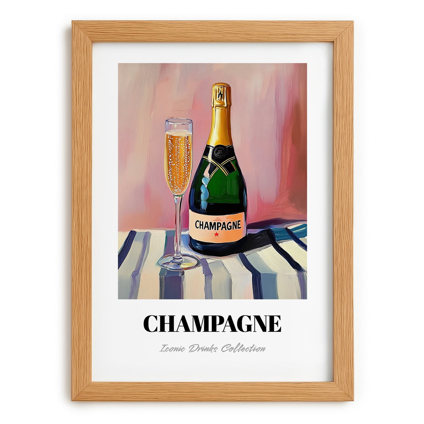 Champagne – on Striped Tablecloth, French Sparkling Wine Poster, set in oak frame